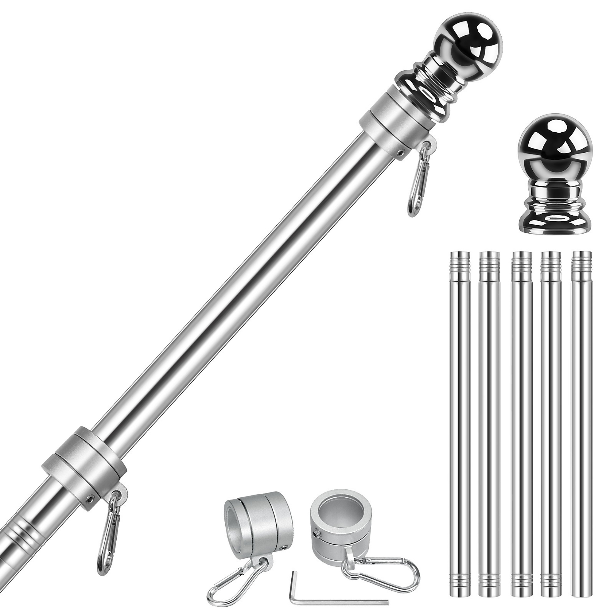 FlagStars 6FT Stainless Steel Silver Flagpole 5-Section | Anti-Wrap Spinning Silver Rings | Model# FS-5S6FS