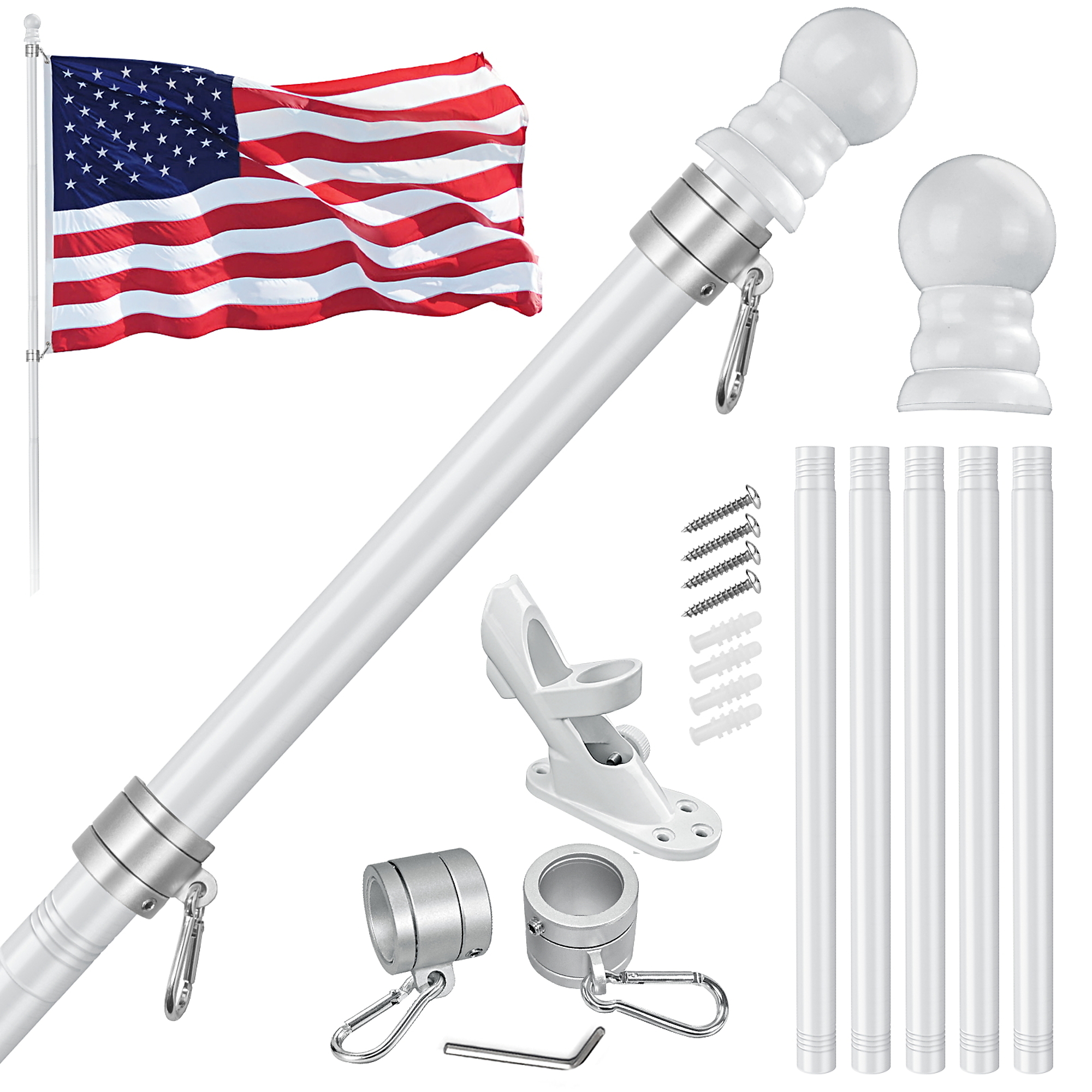 FlagStars 6FT SS White Flagpole 5-Section + 3x5 Nylon Flag | Anti-Wrap Silver Rings & 2-Position White Bracket | Model# FSB-5S6FS-W2-35N
