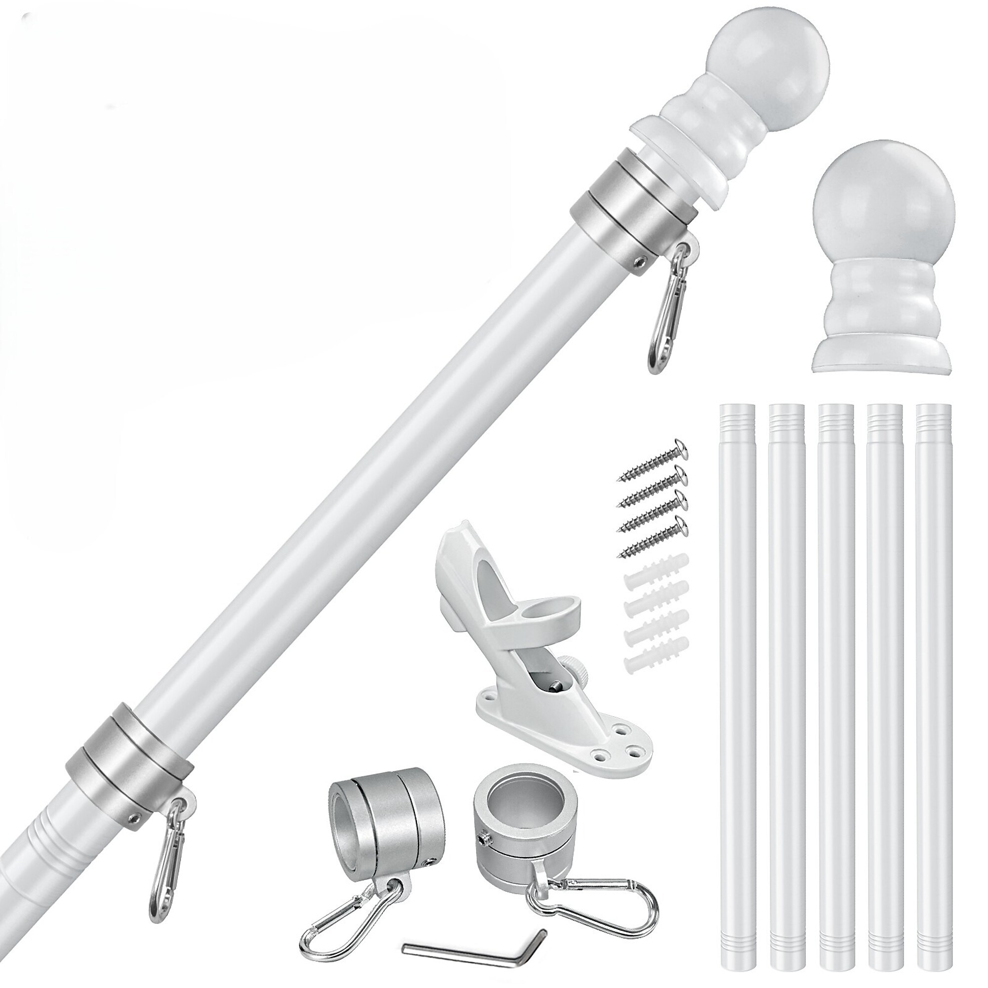 FlagStars 6FT SS White Flagpole 5-Section | Anti-Wrap Silver Rings & 2-Position White Bracket | Model# FSB-5S6FW-W2