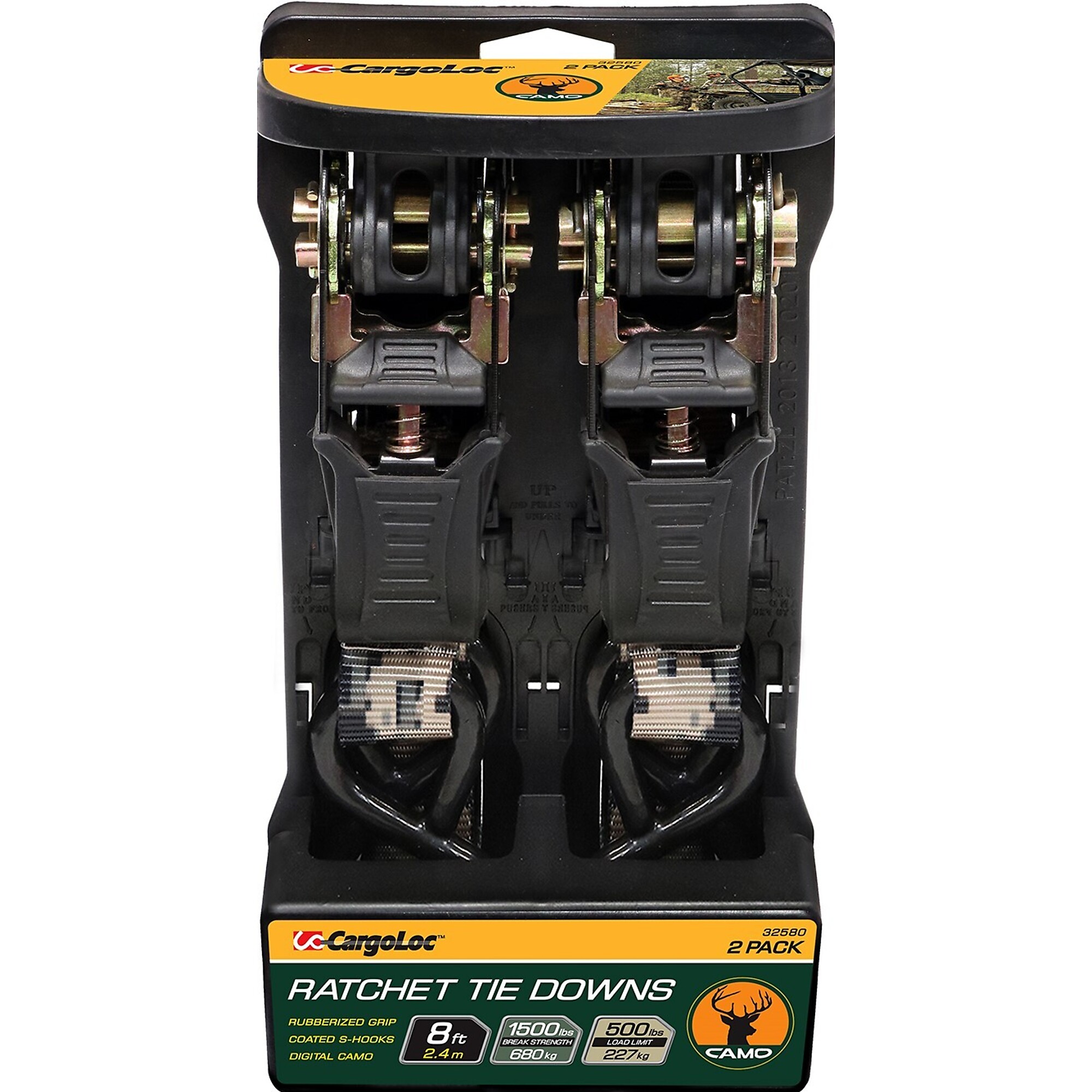 CargoLoc, 2 Pc 1" x 8' 1,500lbs break away strength, 500lbs working load limit, Ratchet Tie Down Straps, S-Hooks, Digital Camo Model # 32580