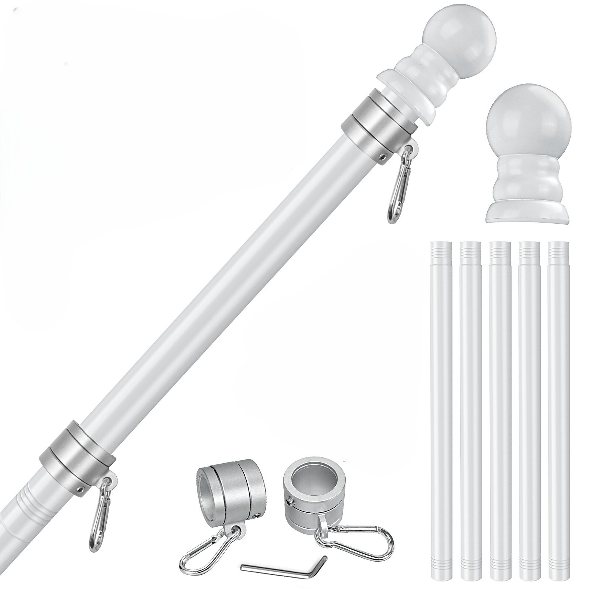 FlagStars 6FT Stainless Steel White Flagpole 5-Section | Anti-Wrap Spinning Silver Rings | Model# FS-5S6FW