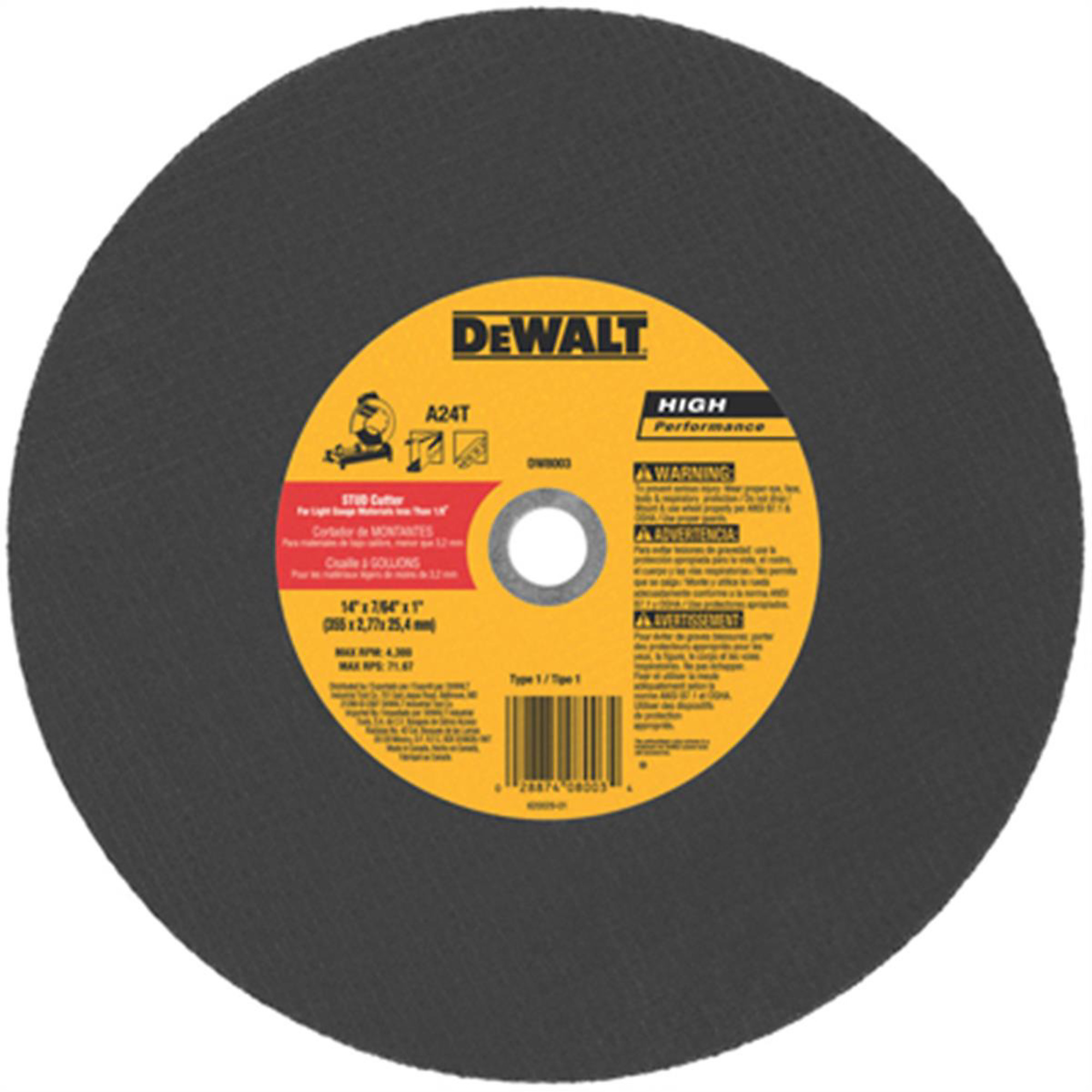 DeWalt Chop Saw Wheel — 14in. x 1in., Aluminum Oxide, Model# DWTDW8003