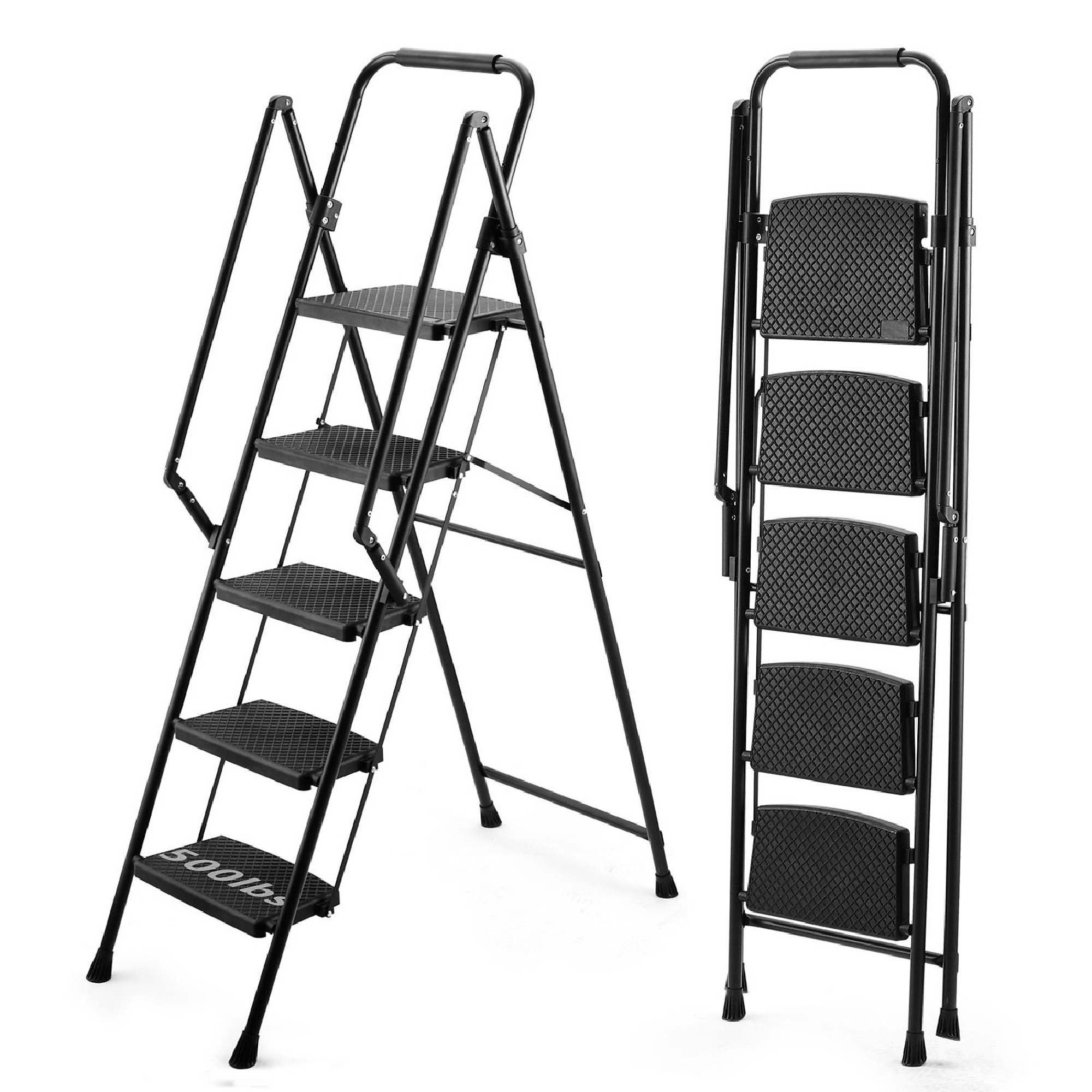 BlackTeck Foldable Steel Step Stool — 5 Steps, 10ft. Reach, Anti-Slip Pedals and Handle, 500-Lb. Capacity, Model# N2-187987