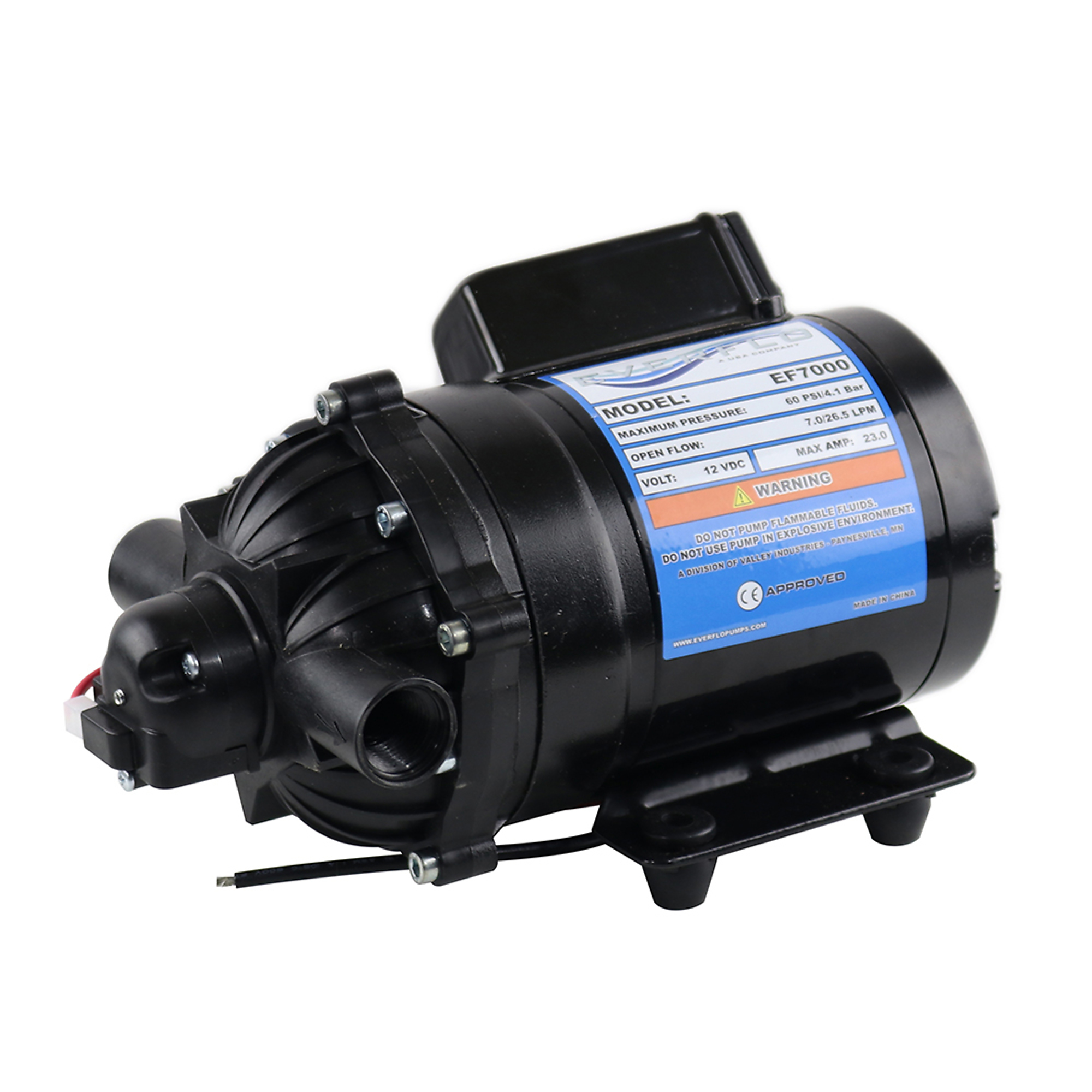 Everflo 12V On-Demand Diaphragm Pump - 7.0GPM, 60 PSI Max, 1/2" FNPT Ports Model #EF7000-BOX