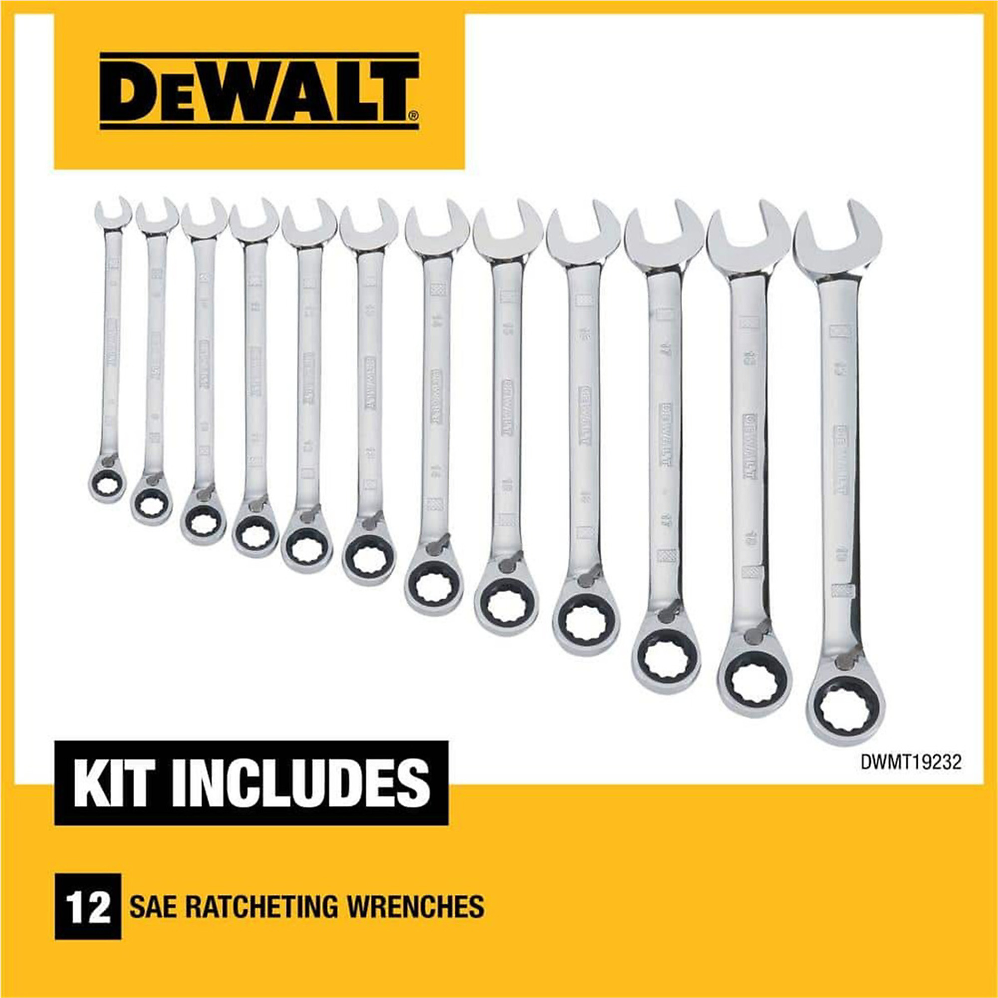 DEWALT Ratcheting Wrench Set — SAE, 12-Piece, Full Polish Chrome, 15° Offset, Model# DWTDWMT19232