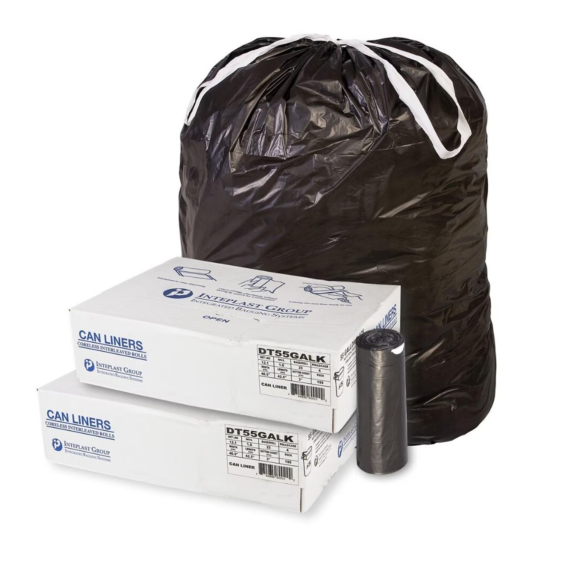 All Pro Draw-Tape Liners — 55 Gal., 1.0 mil, Black, 100/Box, Model# ALPDT55GALK