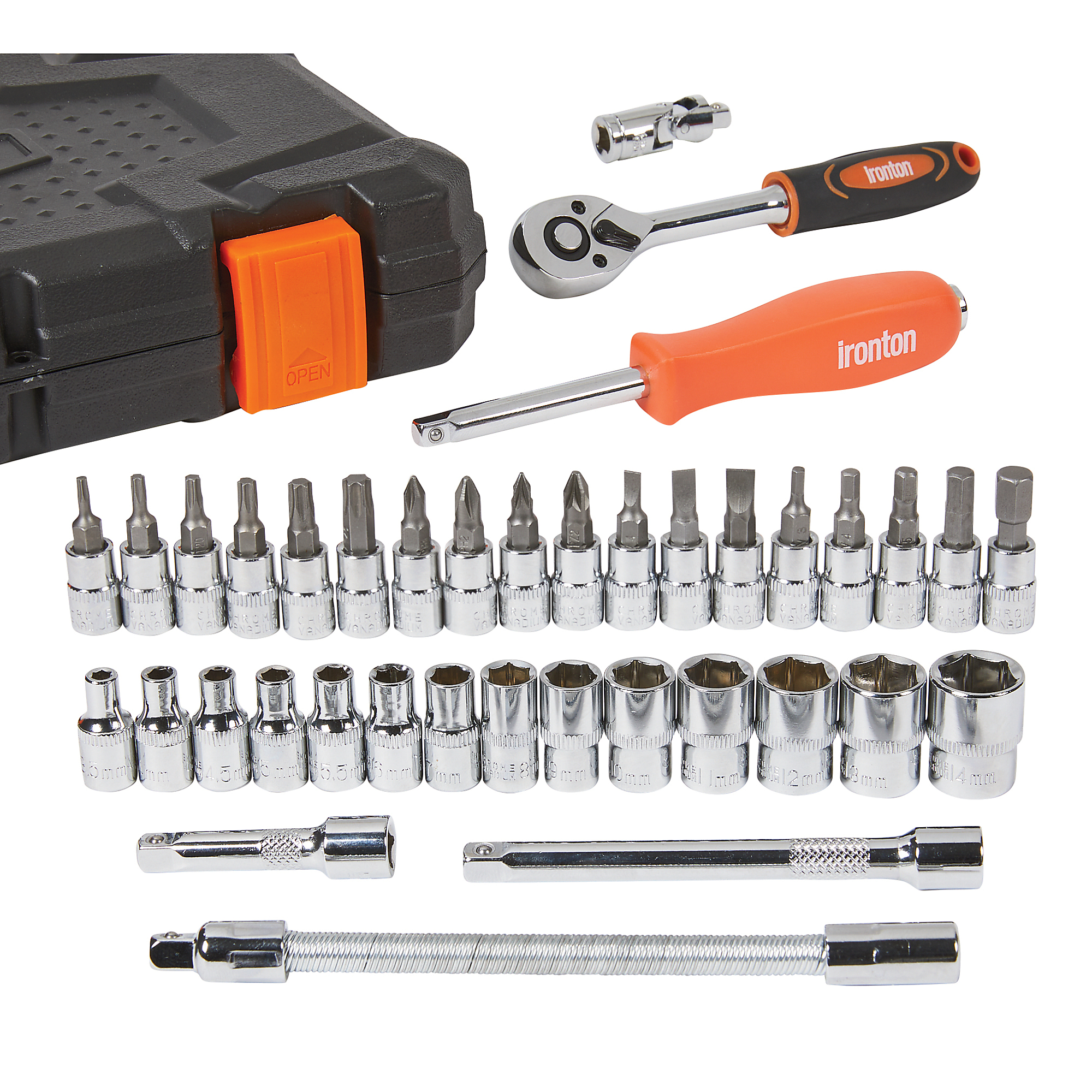 Ironton 1/4in.-Drive Ratchet Socket Set, 38-Pc., Polished Chrome