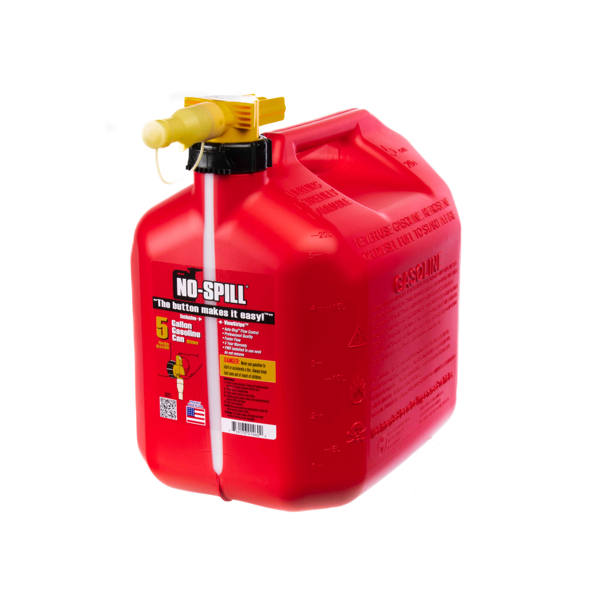 No-Spill Gas Can — 5 Gal., Push-Button Control, Autostop, View Stripe, Flame Mitigation Device, Model# 1460