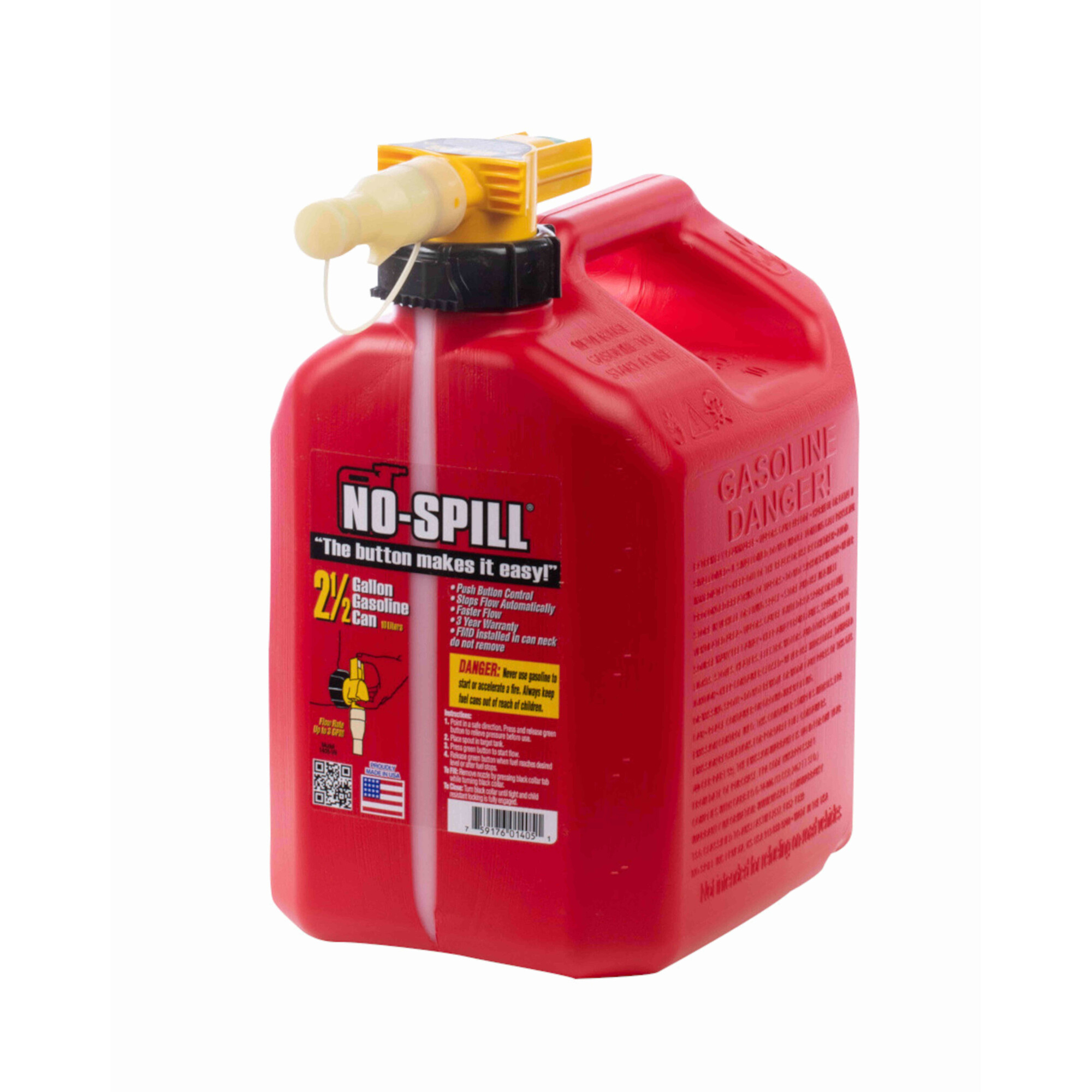 No-Spill Gas Can — 2.5 Gal., Push-Button Control, Autostop, View Stripe, Flame Mitigation Device, Fast Flow Rate, Model# 1405