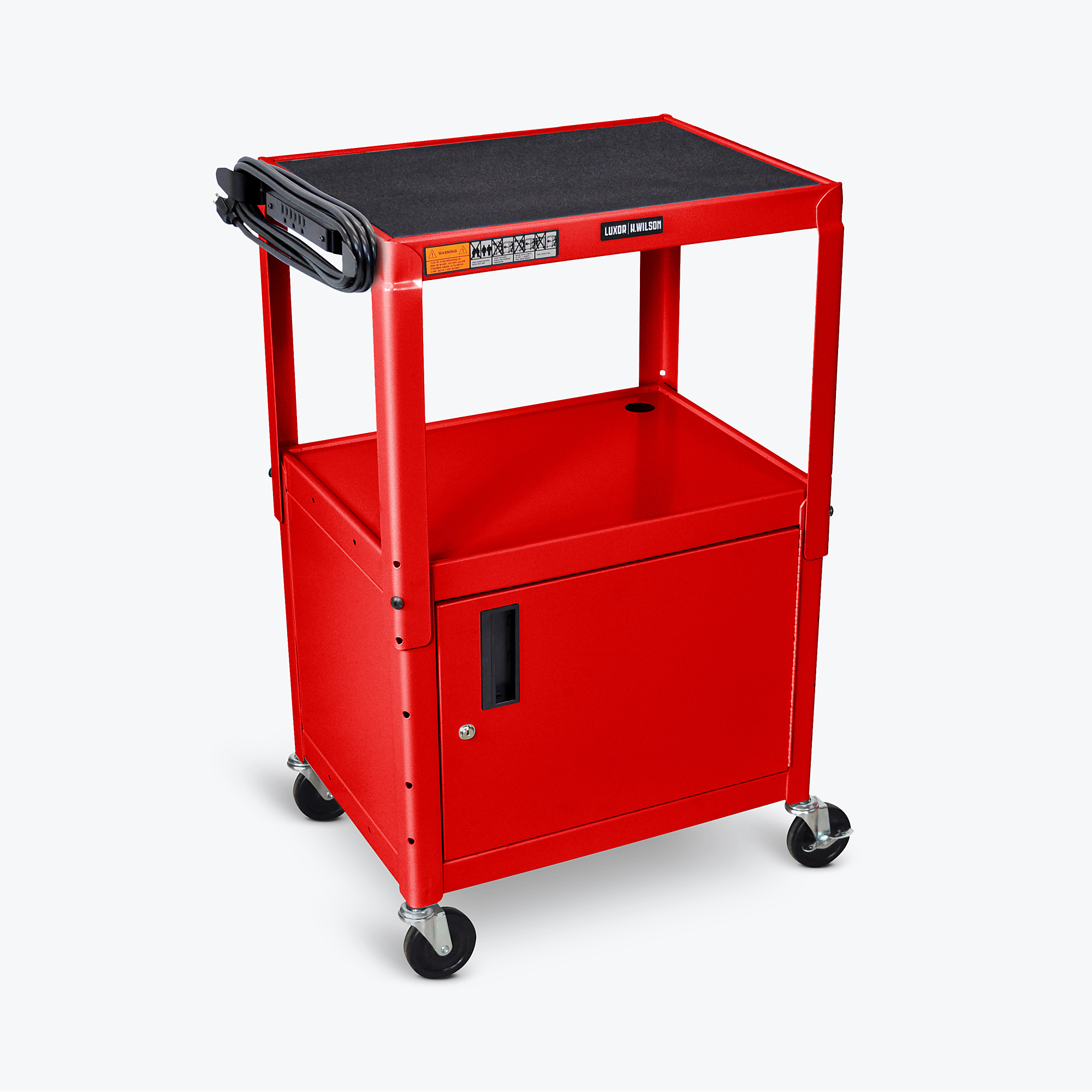 Luxor Adjustable-Height 3-Shelf Media Utility Cart — 24in. W x 18in. D, Retractable Tray, Locking Cabinet, Red, Model# AVJ42KBC-RD
