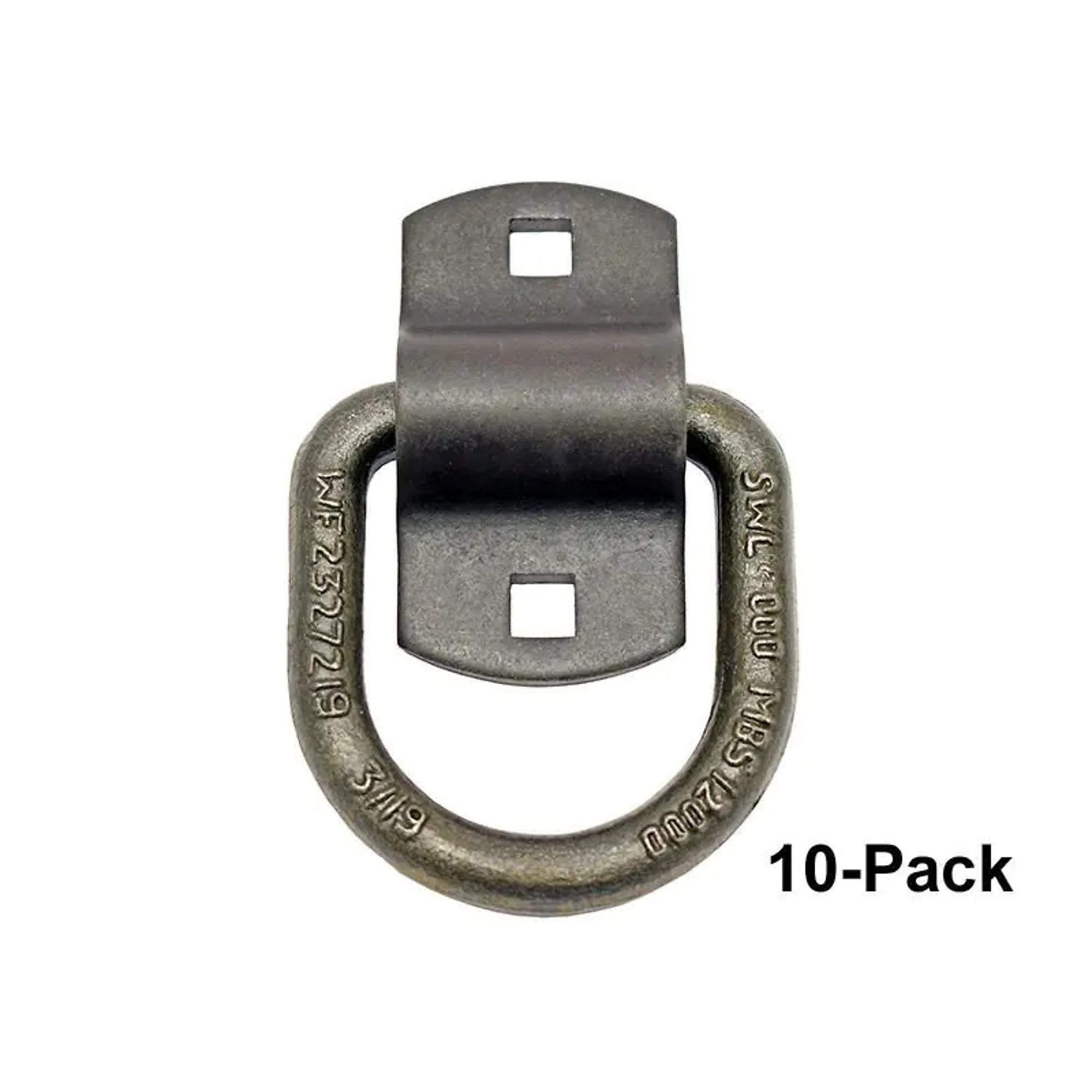Wallace Forge, 10 Pack Forged 1/2 Inch D-Ring with 2-Hole Mounting Bracket, 4K Working Load, 12K Breaking Strength, 2.5 Inch Bracket Hole-Centers, Model# B-38-10