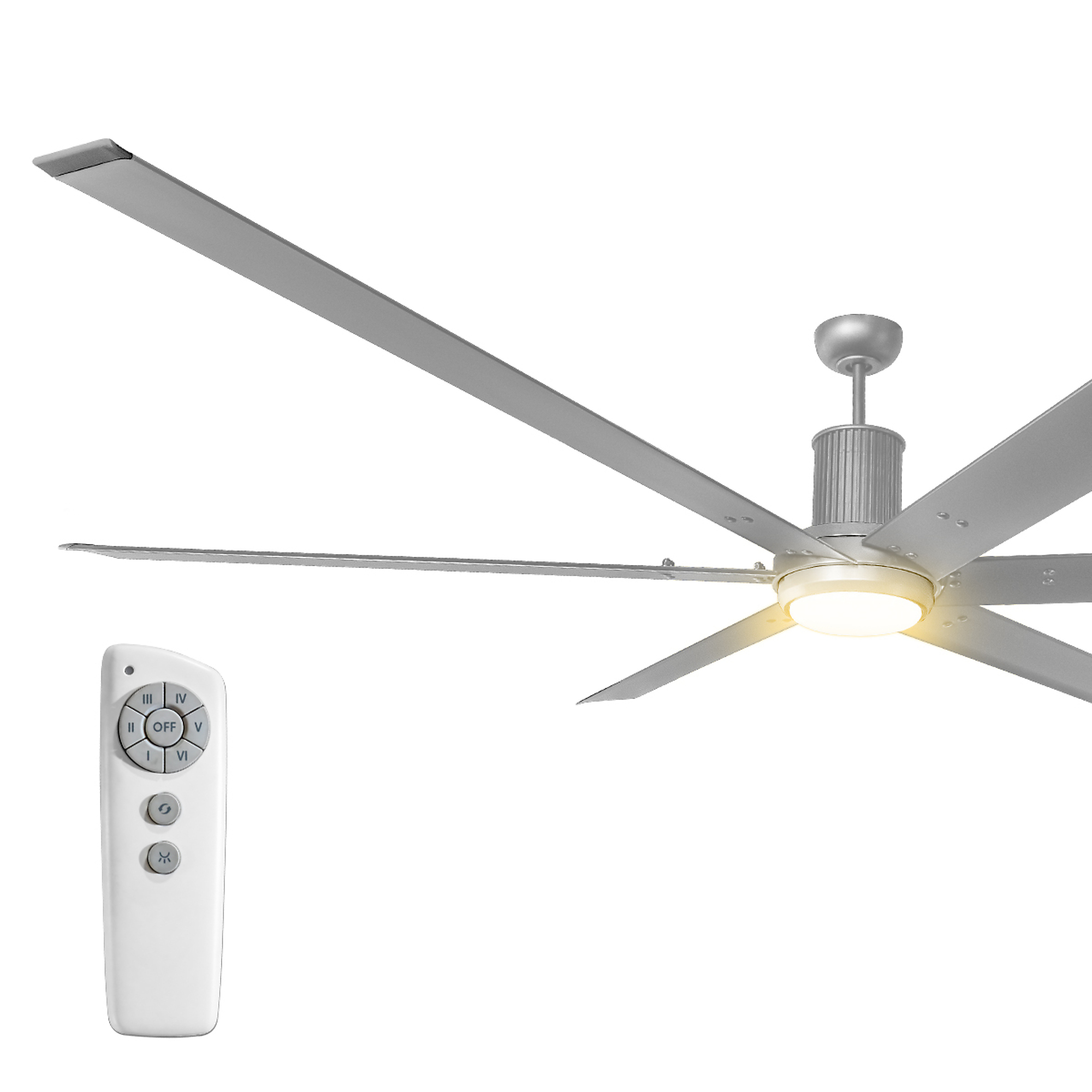 Maxx Air 96 In. Indoor 6-Speed Industrial Ceiling Fan with Light, Silver, Fan Diameter 96 in., Air Delivery 13500 CFM, Model # ICF1030-96 SLV