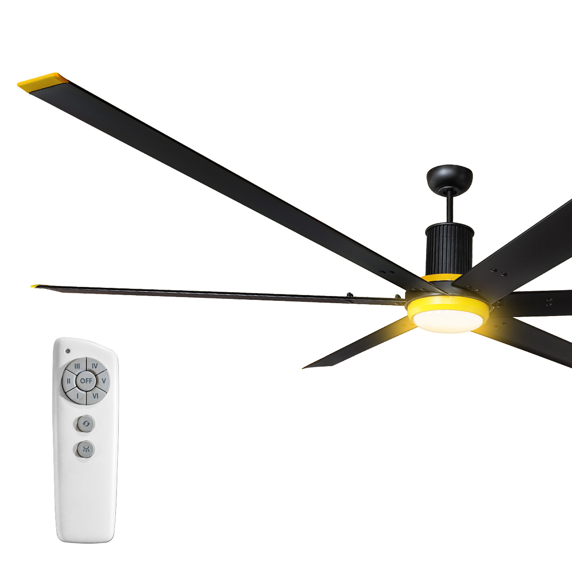 Maxx Air 96 In. Indoor 6-Speed Industrial Ceiling Fan with Light, Black/Yellow, Fan Diameter 96 in., Air Delivery 13500 CFM, Model # ICF1030-96 BK/Y