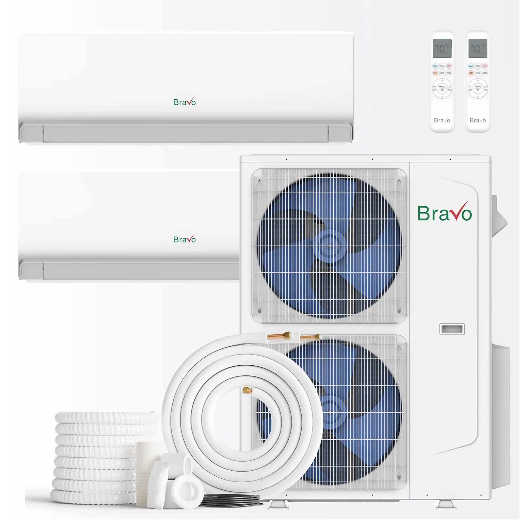 Bravo Milano Series 2-Zone Mini Split AC & Heat Pump — 42,000 BTU, 24K+24K BTU Wall-Mount Units, Inverter Technology, 208-230V, Heating & Cooling, Model# 2x BRV-M24 + M42 + 2xAB7 Set