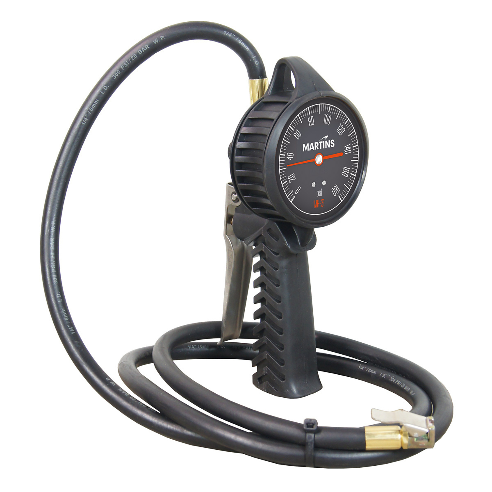 Martins Industries Analog Handheld Tire Inflator — 174 PSI, 6ft. Air Hose, Clip-On Chuck, Model# MH-31-PSI
