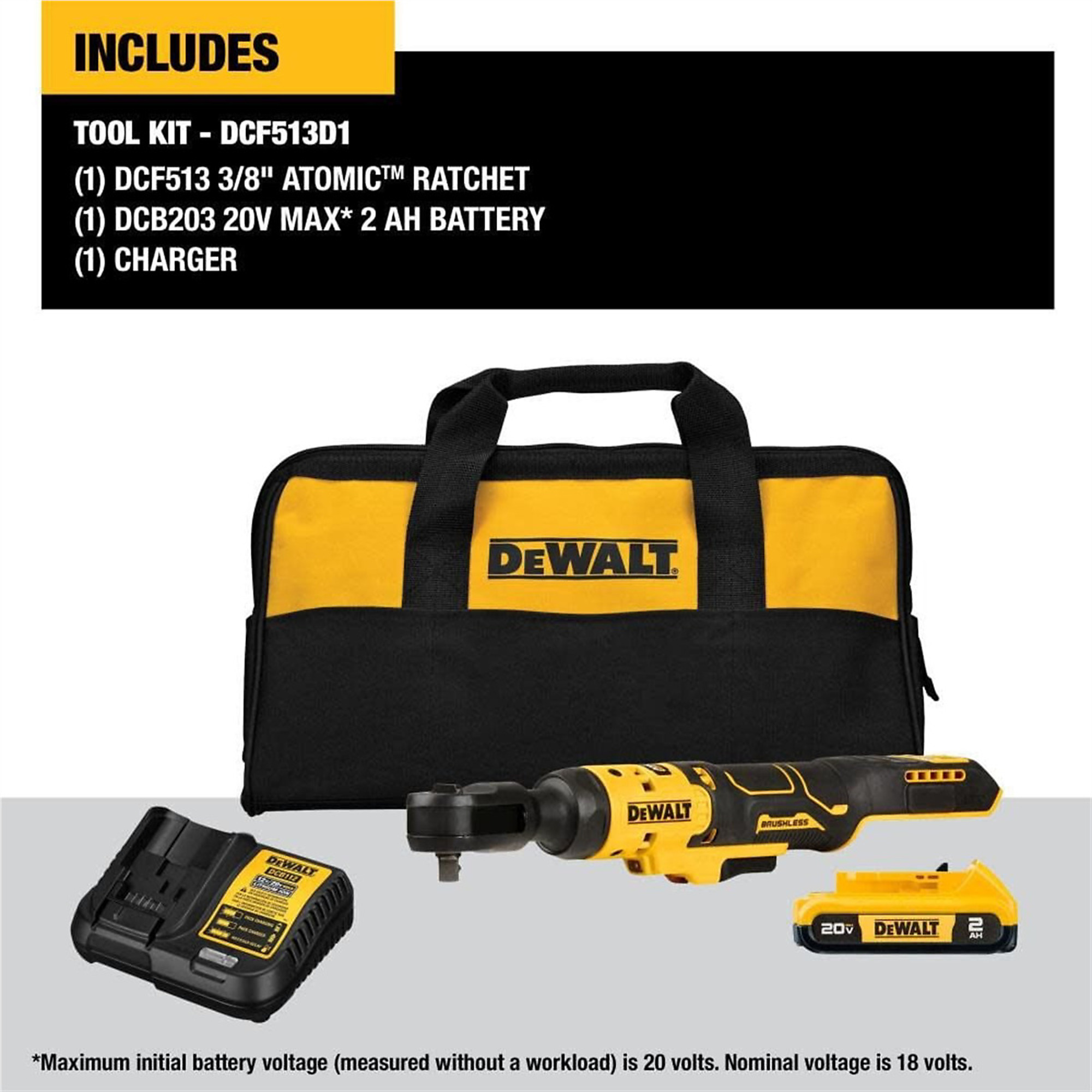 DeWalt 20V MAX ATOMIC Brushless Lithium-Ion 3/8in. Cordless Ratchet Kit — 70ft.-lbs. Torque, LED Worklight, Model# DWTDCF513D1