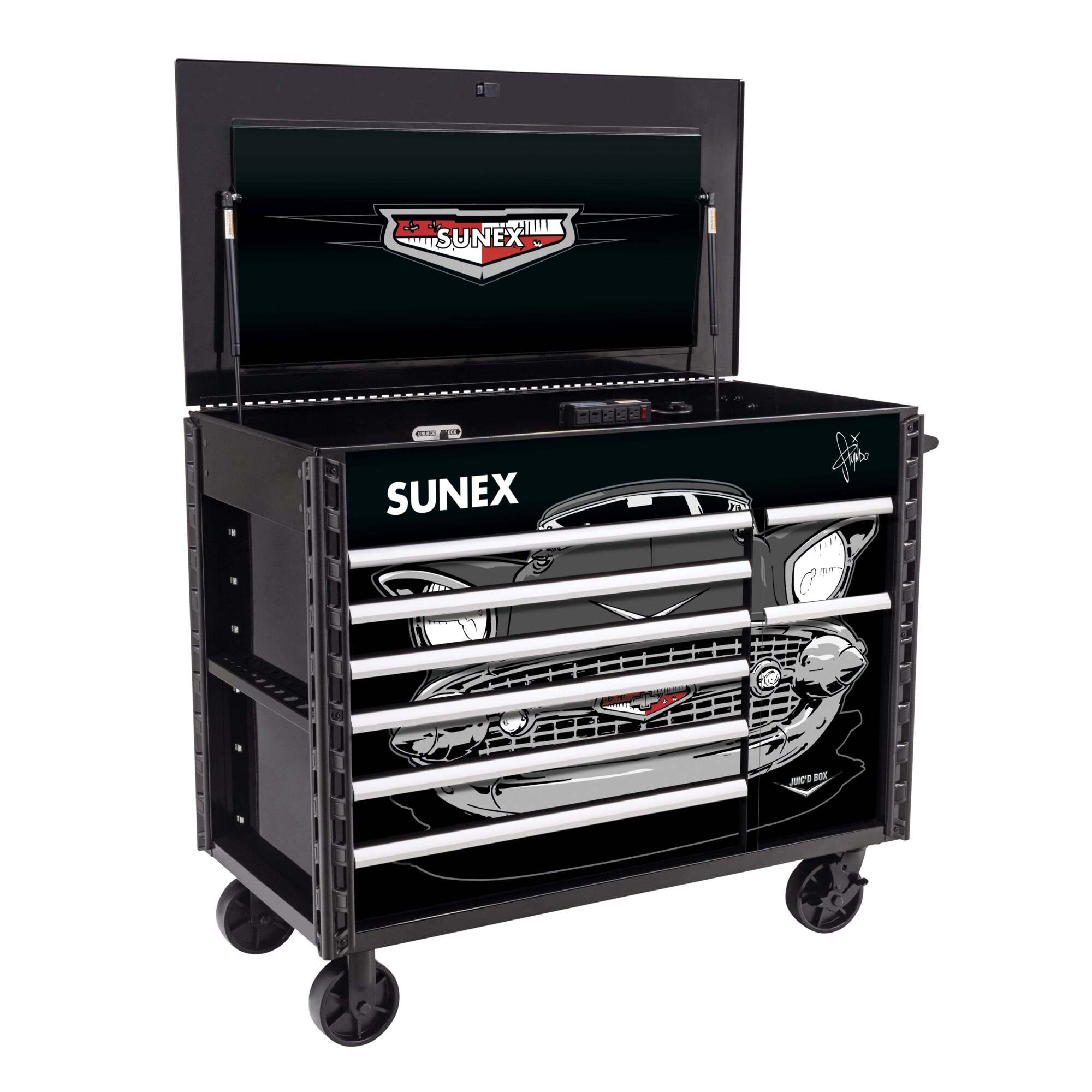 Sunex Tools, TONY SQUINDO “57 CHEVY” JUIC’D BOX 50” 7 DRAWER POWERED CART – BLACK, Model: 8065PCBK57