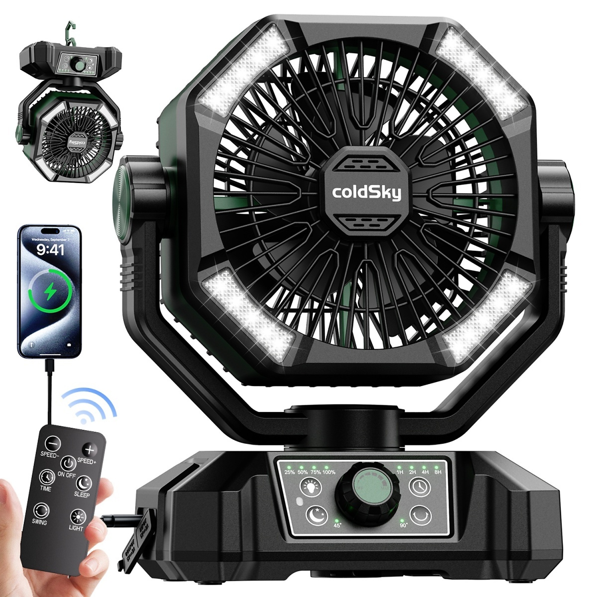 EdenDirect Camping Fan with LED Lantern — 20000mAh, Dual Motor, 8 Speeds, Remote Control, Portable, Green, Model# NTE-HY8136S-L