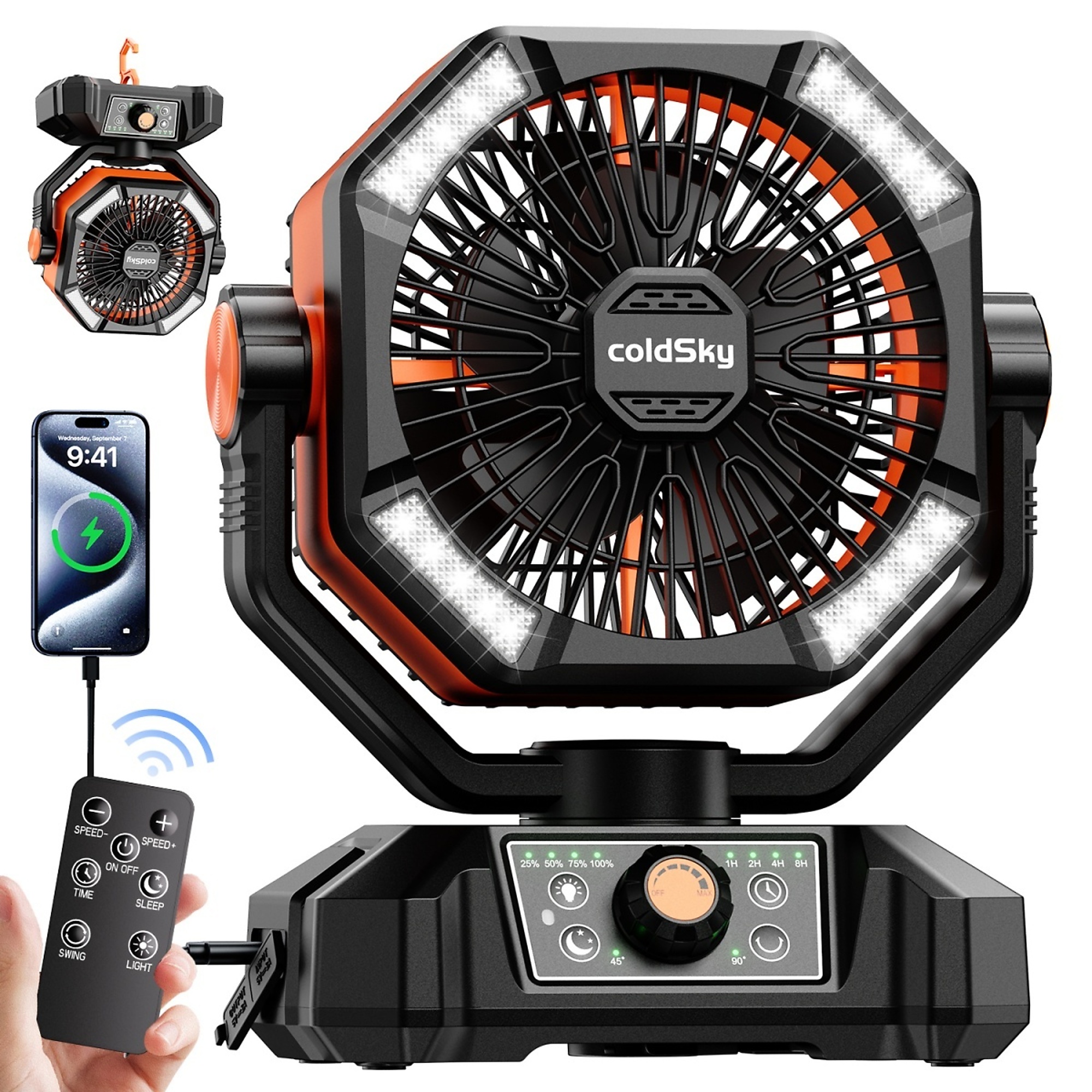 EdenDirect Camping Fan with LED Lantern — 20000mAh, Dual Motor, 8 Speeds, Remote, Hook, Portable, Model# NTE-HY8136S-C