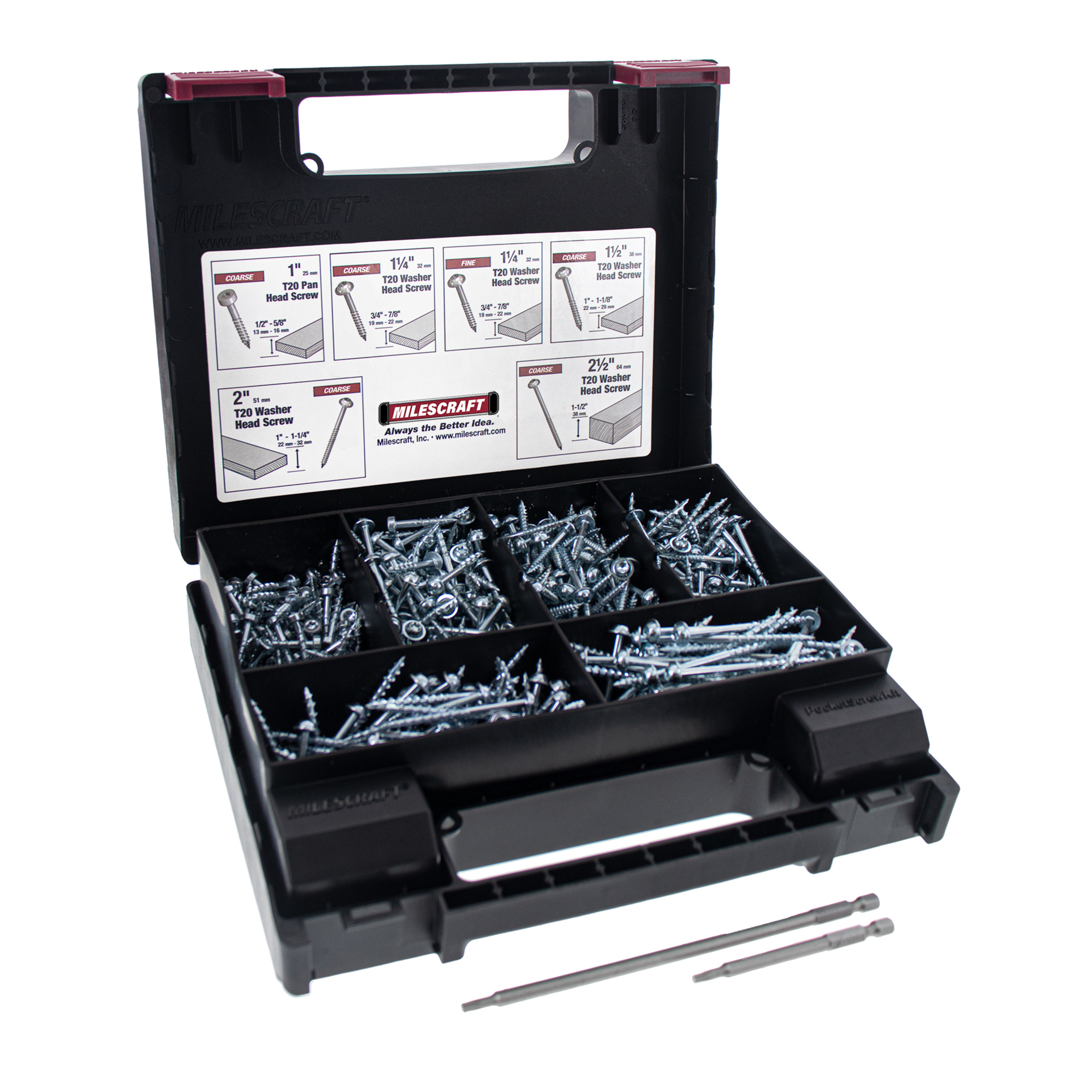 Milescraft Pocket Screw Kit — 700 Pcs, T20 Zinc-Coated, 6 Sizes, Includes 3in. & 6in. Torx Drivers, Model# 52000003