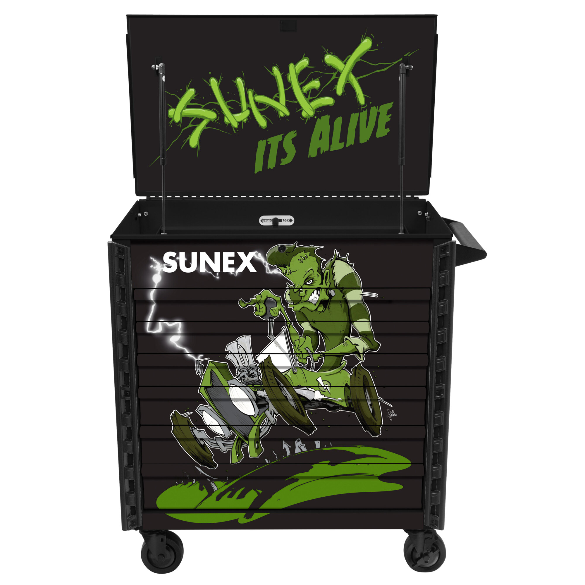 Sunex Tools, TONY SQUINDO “IT’S ALIVE!!” PREMIUM FULL DRAWER SERVICE CART – BLACK, Model: 8057XTBKALIVE