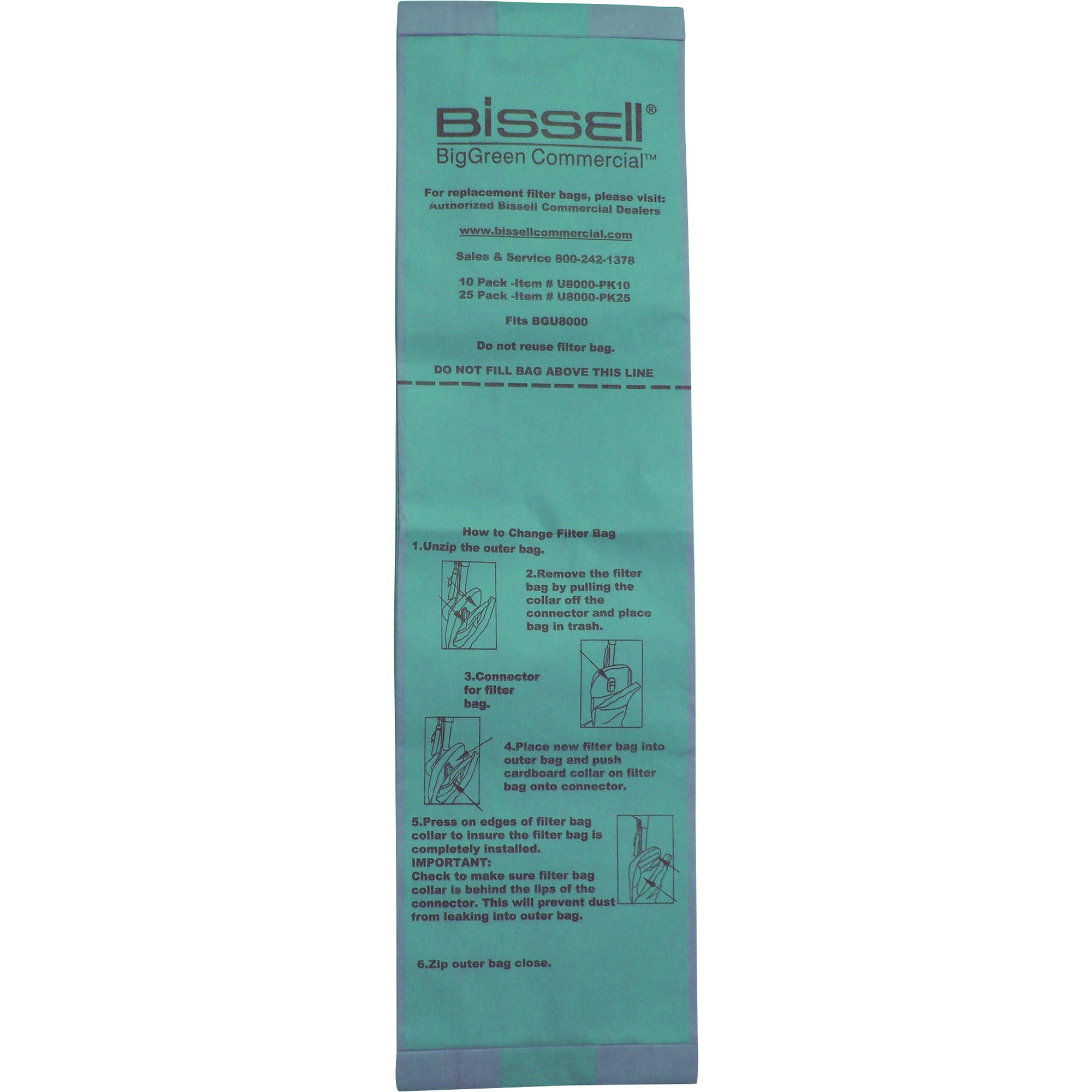 Bissell Big Green Commercial Vacuum Cleaner Bags, Model# U8000-PK25, 10in.L x 1in.D x 17in.H For Model# BGU8000