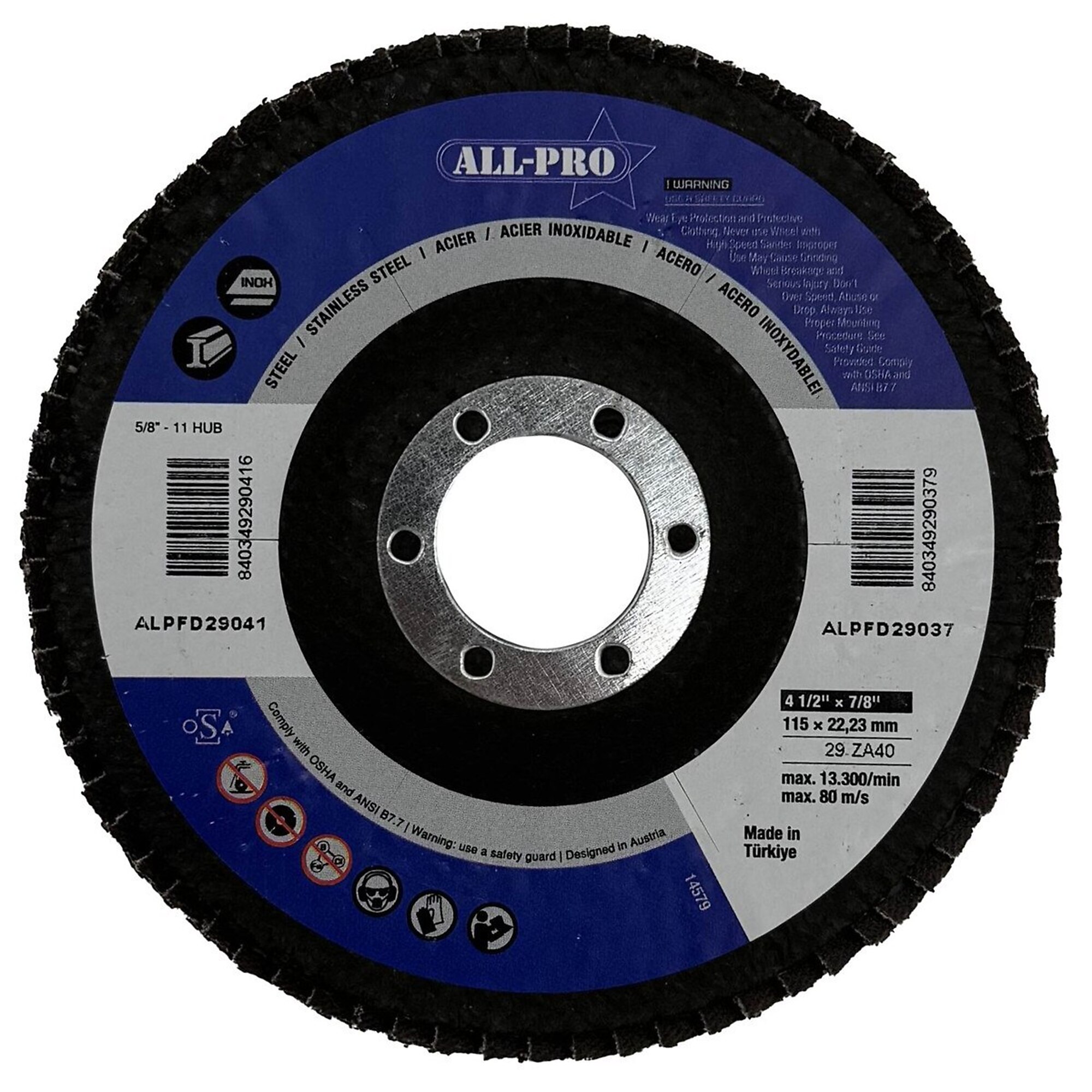 All Pro Flap Disc — 4 1/2in., 7/8in. Arbor, T29, 40 Grit, 10 Pk, Model# ALPFD29037