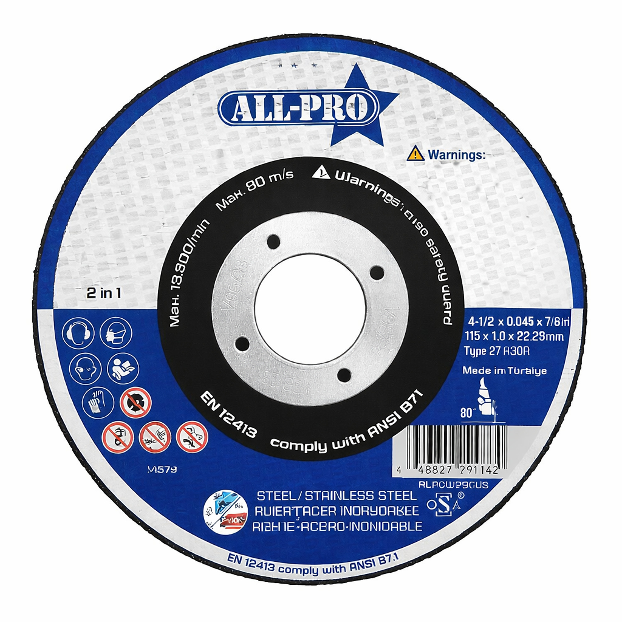 All Pro Cut-Off Wheel — 4 1/2in., 1/8in. Thickness, 7/8in. Arbor, A30Q, T27, 25 Pk, Model# ALPCW29023