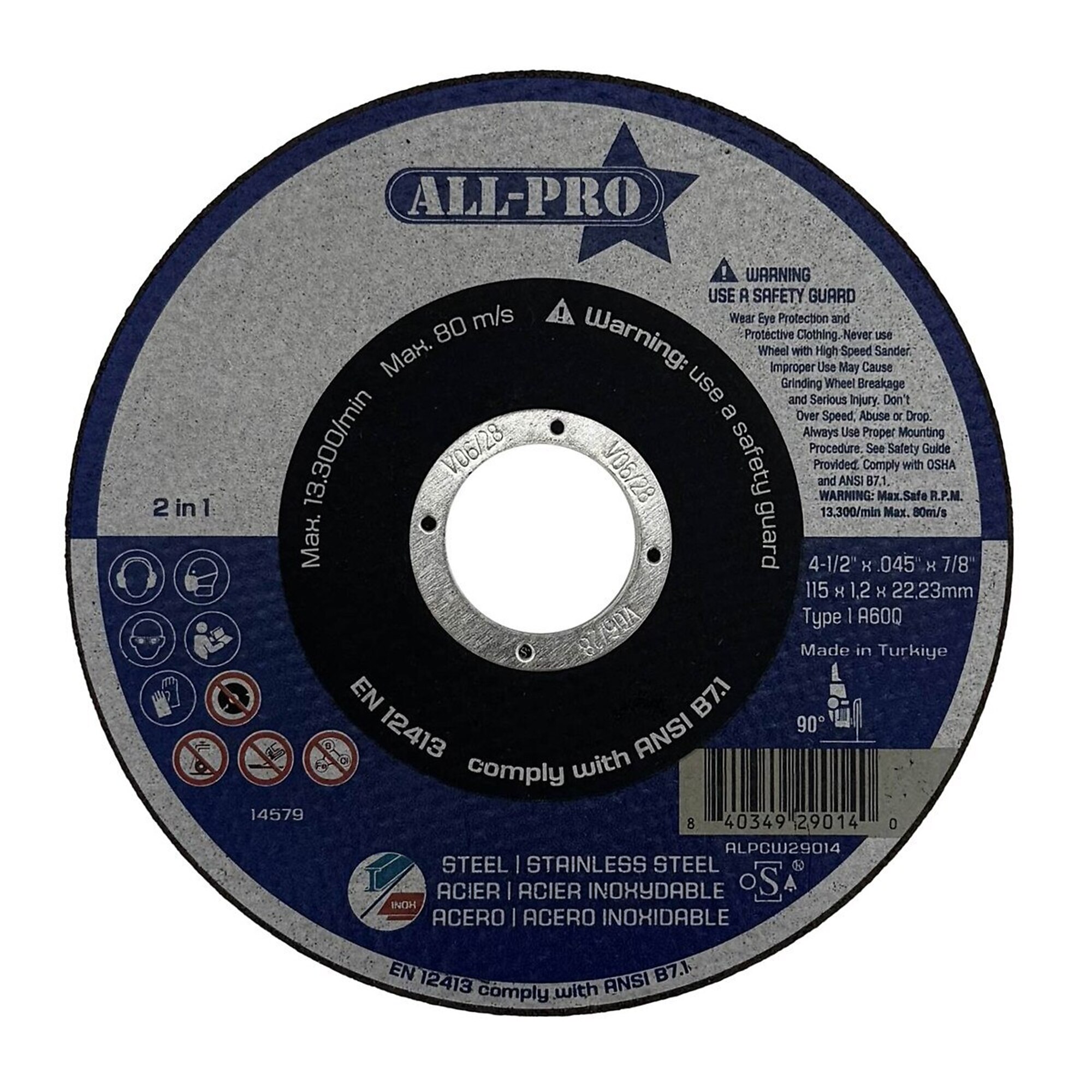 All Pro Cut-Off Wheel — 4 1/2in. x .045in. x 7/8in., A60Q, T1, 25 Pk, Model# ALPCW29014