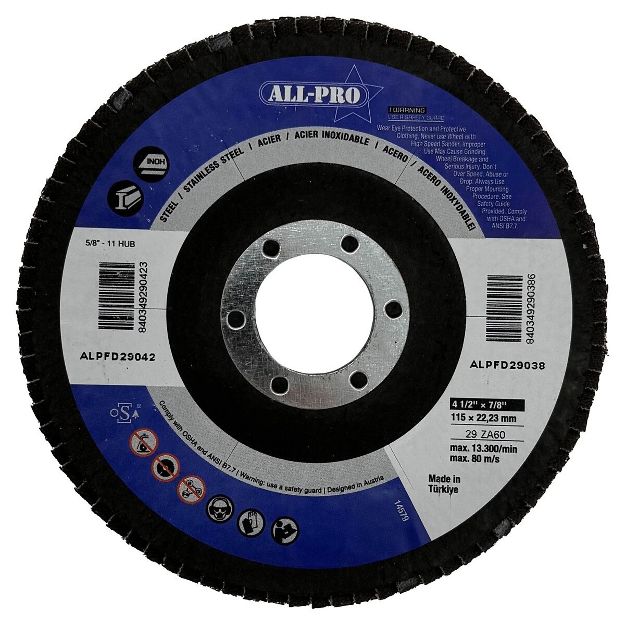 All Pro Flap Disc — 4 1/2in., 7/8in. Arbor, 60 Grit, Type 29, 10 Pk, Model# ALPFD29038