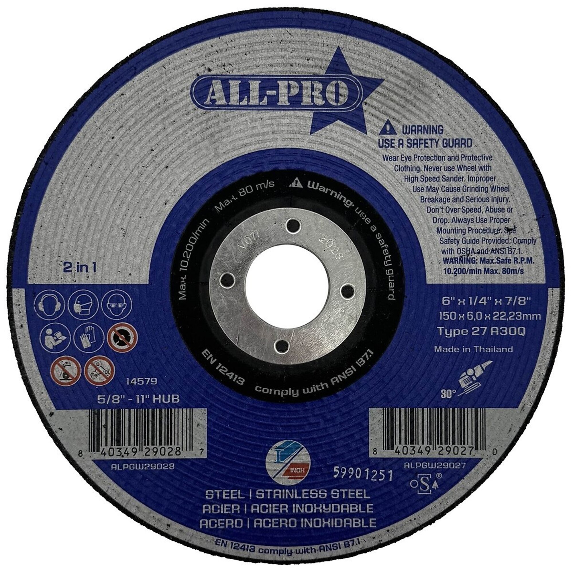 All Pro Grinding Wheel — 6in. x 1/4in. x 7/8in., A30Q, T27, 10 Pk, Model# ALPGW29027