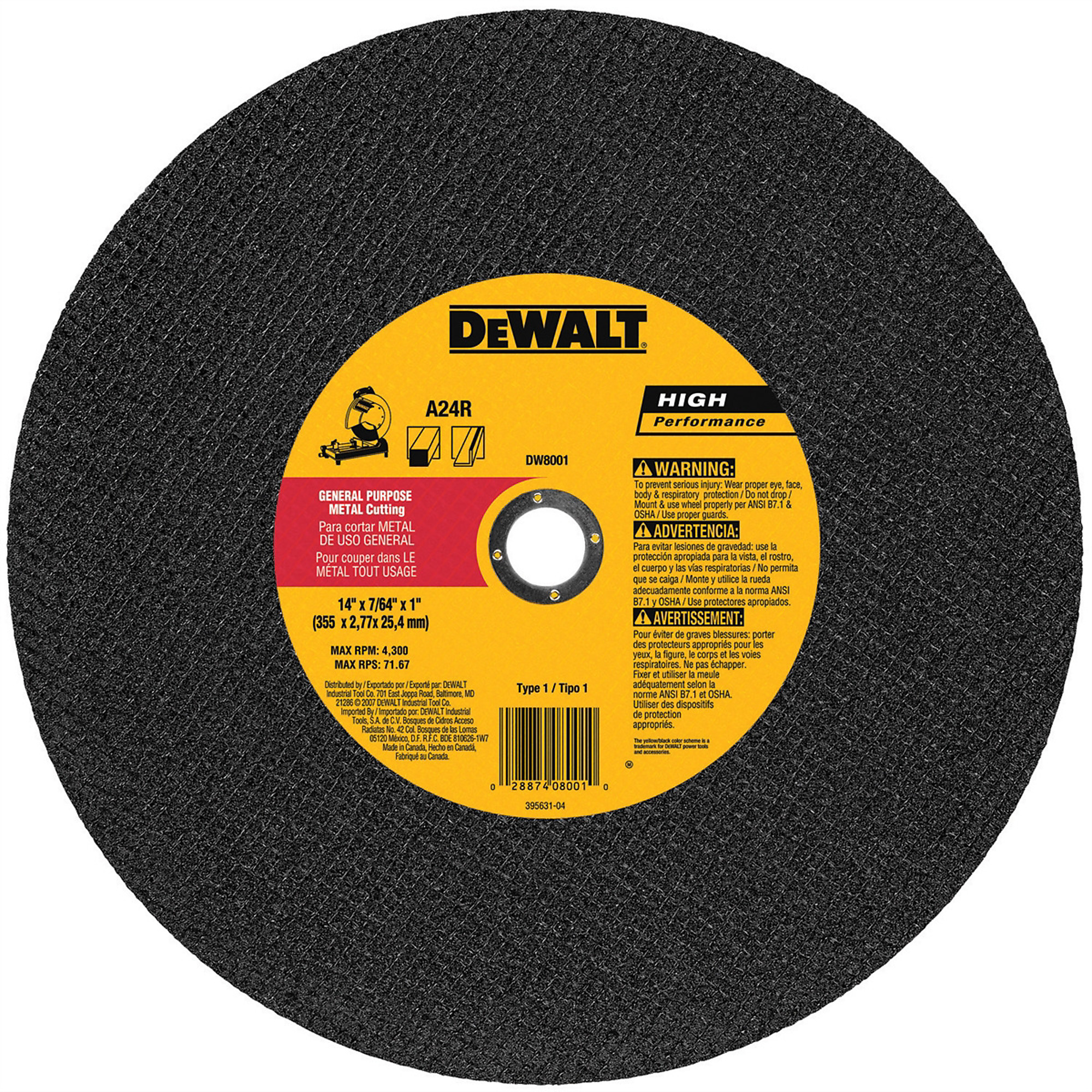 DeWalt Wheel Chop Saw — 14in. dia., Aluminum Oxide Grain, Fiberglass Reinforced, Model# DWTDW8001