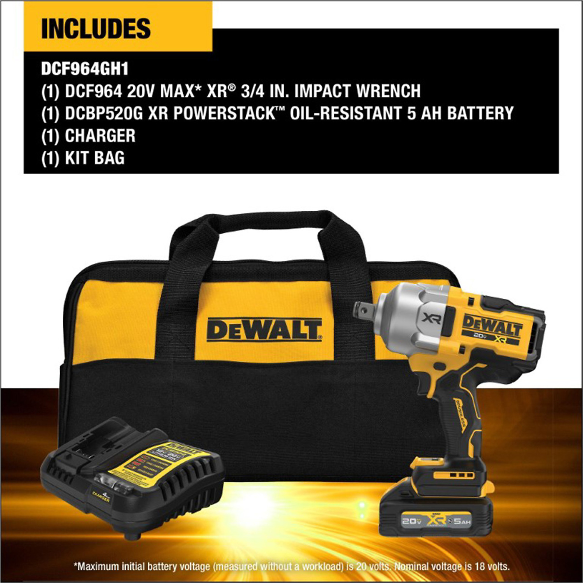 DeWalt 20V MAX XR Brushless Cordless High Torque Impact Wrench Kit — 3/4in., 1420 ft.-lbs. Fastening Torque, 1900 ft.-lbs. Breakaway Torque, Hog Ring Anvil, Model# DWTDCF964GH1