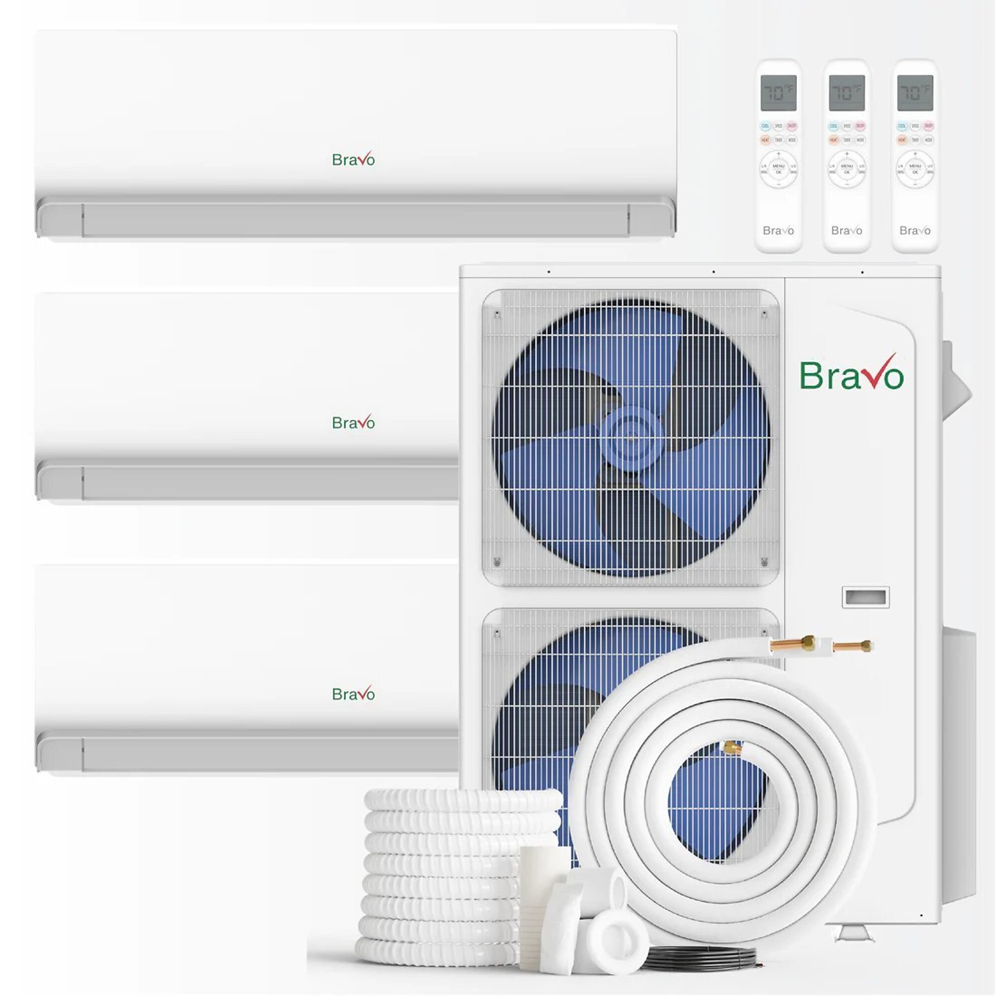 Bravo Milano 3-Zone Mini Split AC and Heat Pump — 42,000 BTU, Wall Mount, 9K+9K+24K, Smart App, Model# BRV-M42VO-2M09WM-M24WM-2AB1-AB7