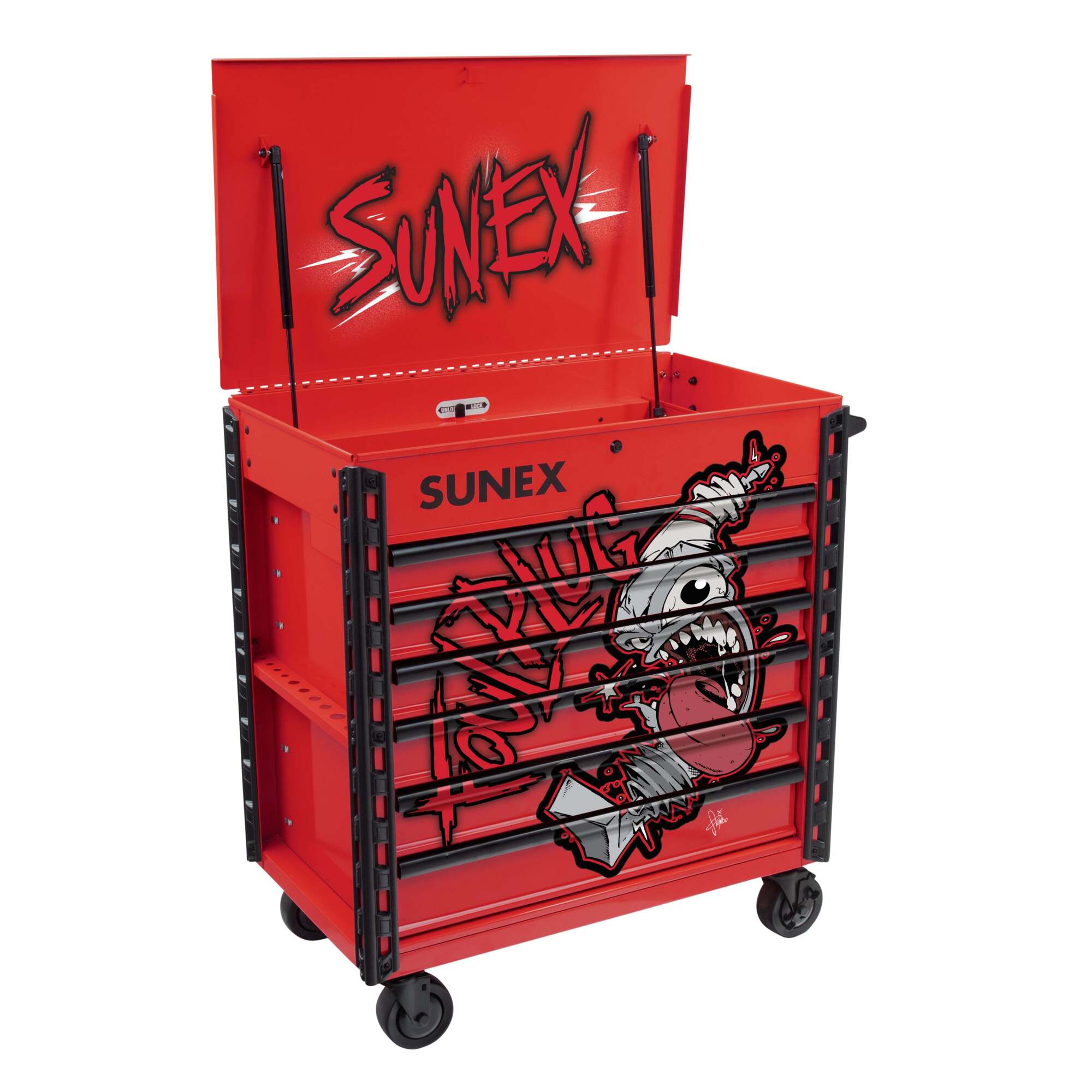 Sunex Tools, Tony Squindo “FOUL PLUG” Premium Full Drawer Service Cart, Red, Model # 8057XTRFOUL