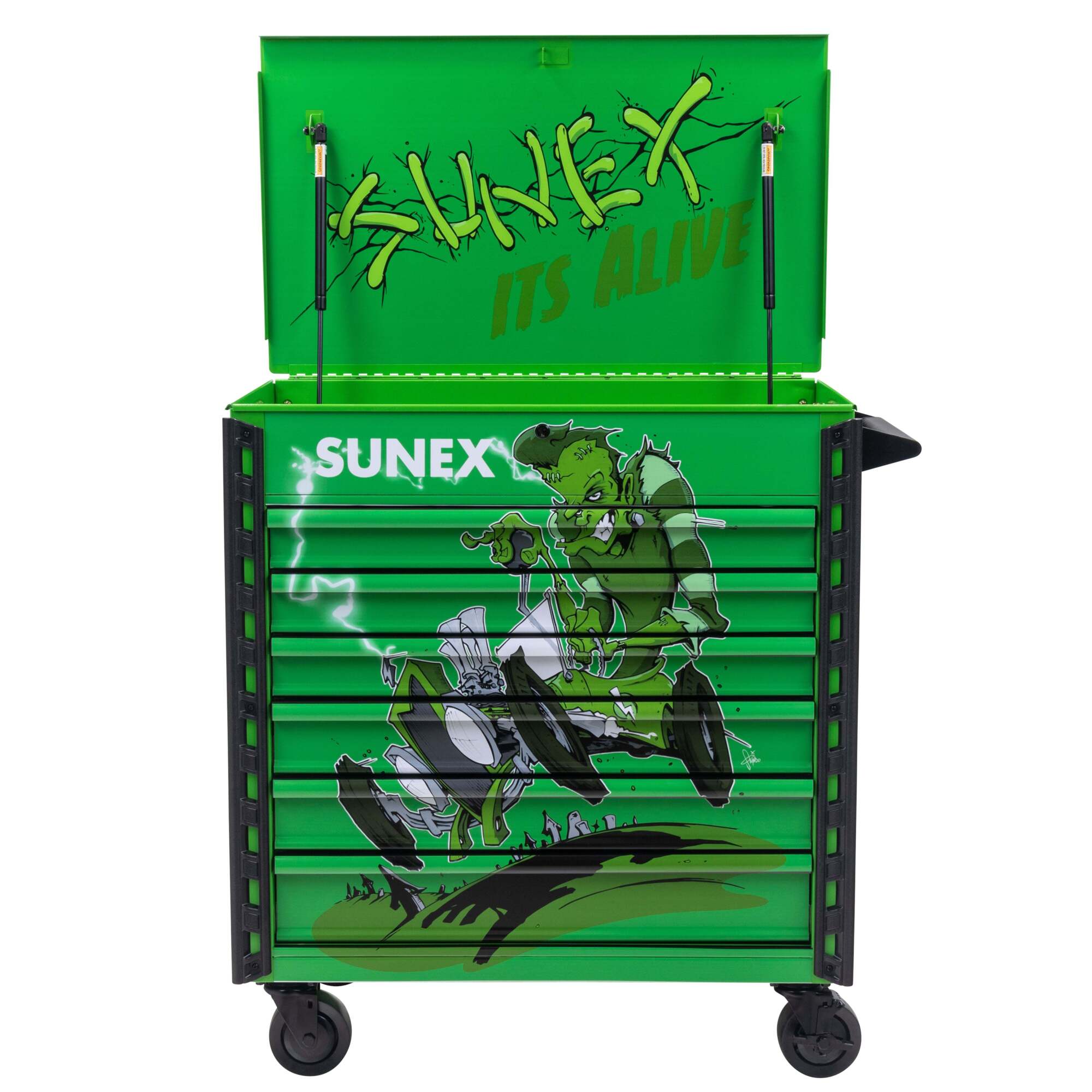 Sunex Tools, Tony Squindo “IT’S ALIVE!!” Premium Full Drawer Service Cart, Lime Green, Model # 8057XTLGALIVE