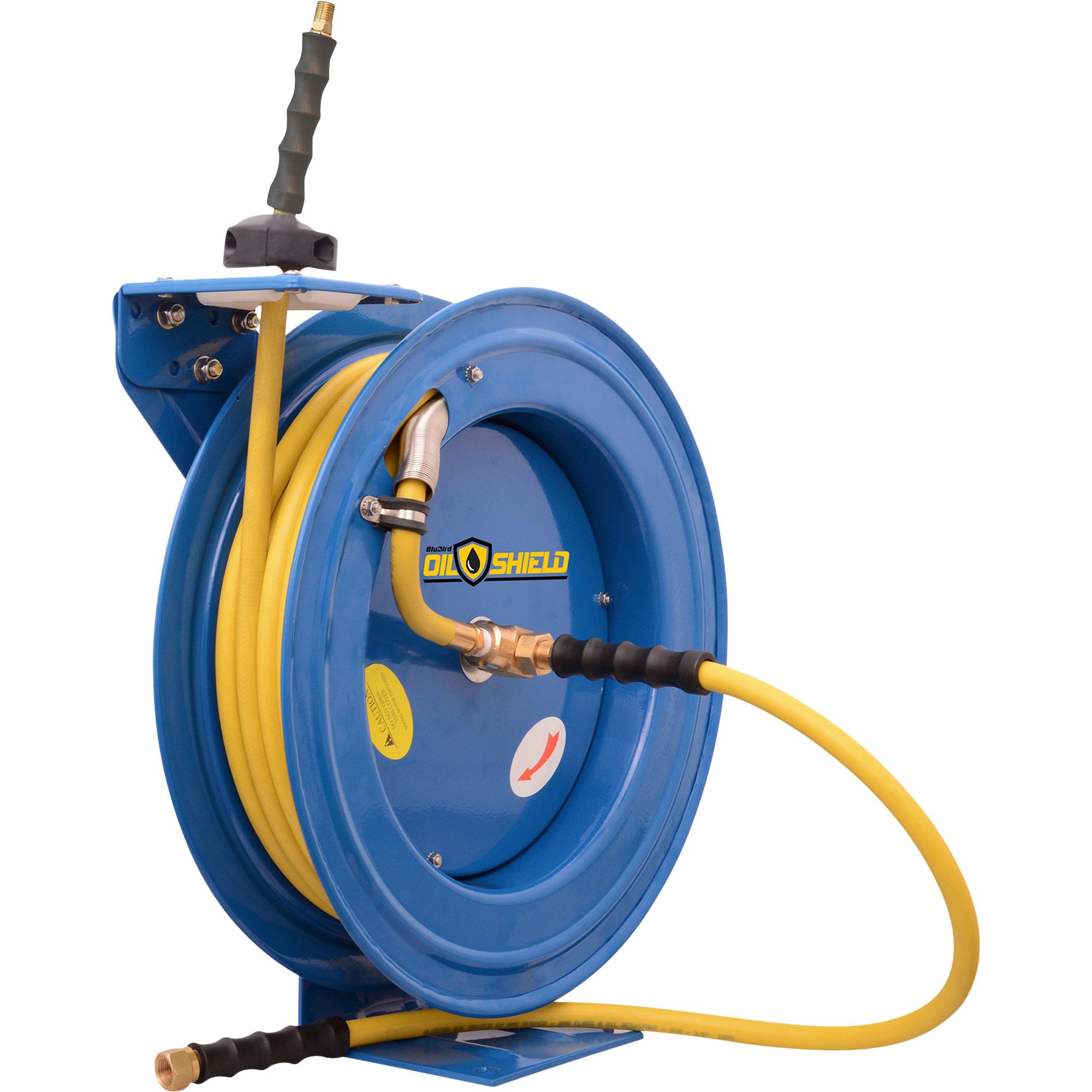 Air hose 3/8 in. x 50 ft. Retractable Hose Reel has a locking ratchet system