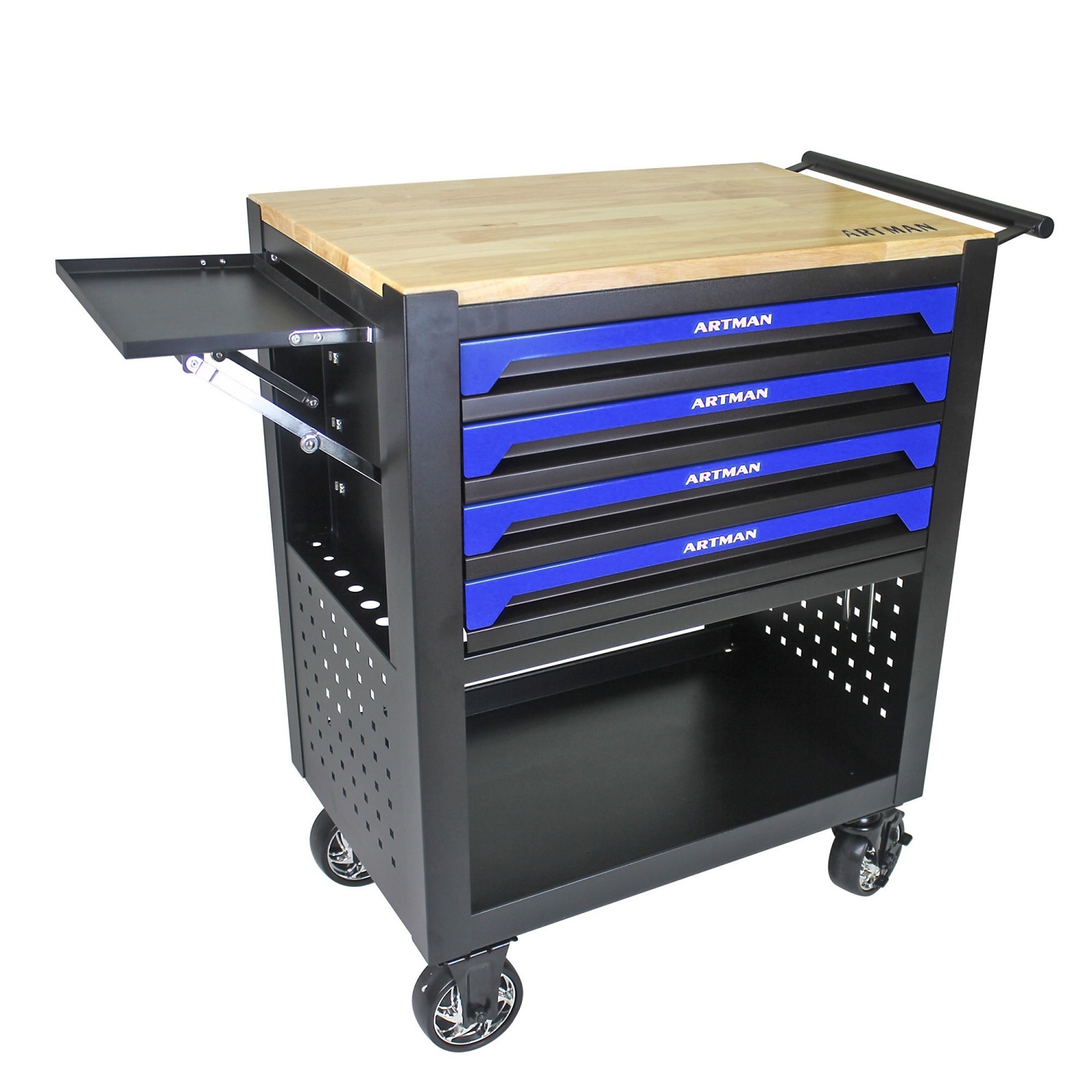 BlackTeck Multi-Purpose Tool Chest — 4 Drawers, Powder-Coated Steel, Oak Worktop, Wheels, Blue, Model# N2-111182