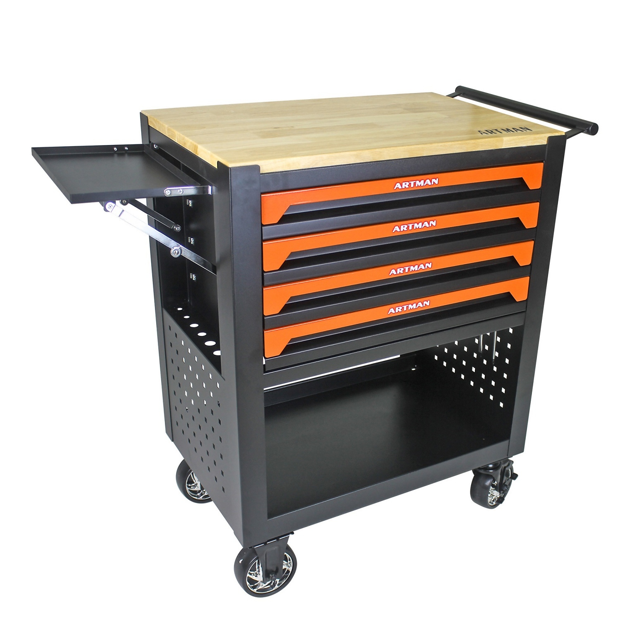 BlackTeck 4-Drawer Multi-Purpose Tool Chest with Wheels — Orange, Powder-Coated Steel, Solid Oak Worktop, Model# N2-111186