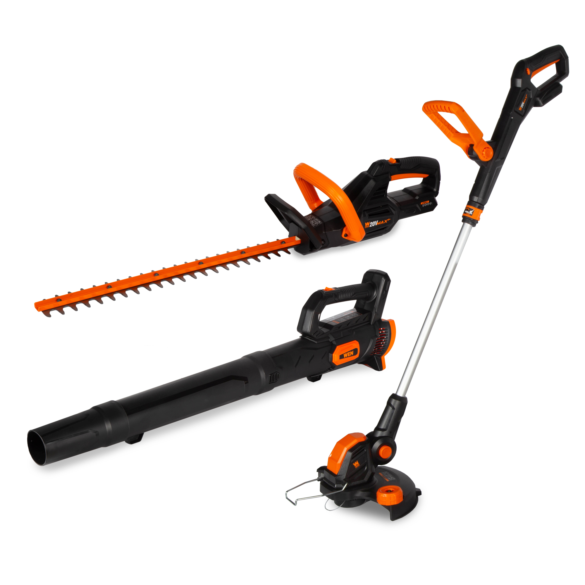 WEN 20V Max Cordless Hedge Trimmer, String Trimmer and Leaf Blower Combo Kit — 4Ah Battery and Charger, Model# 20VK3HTB