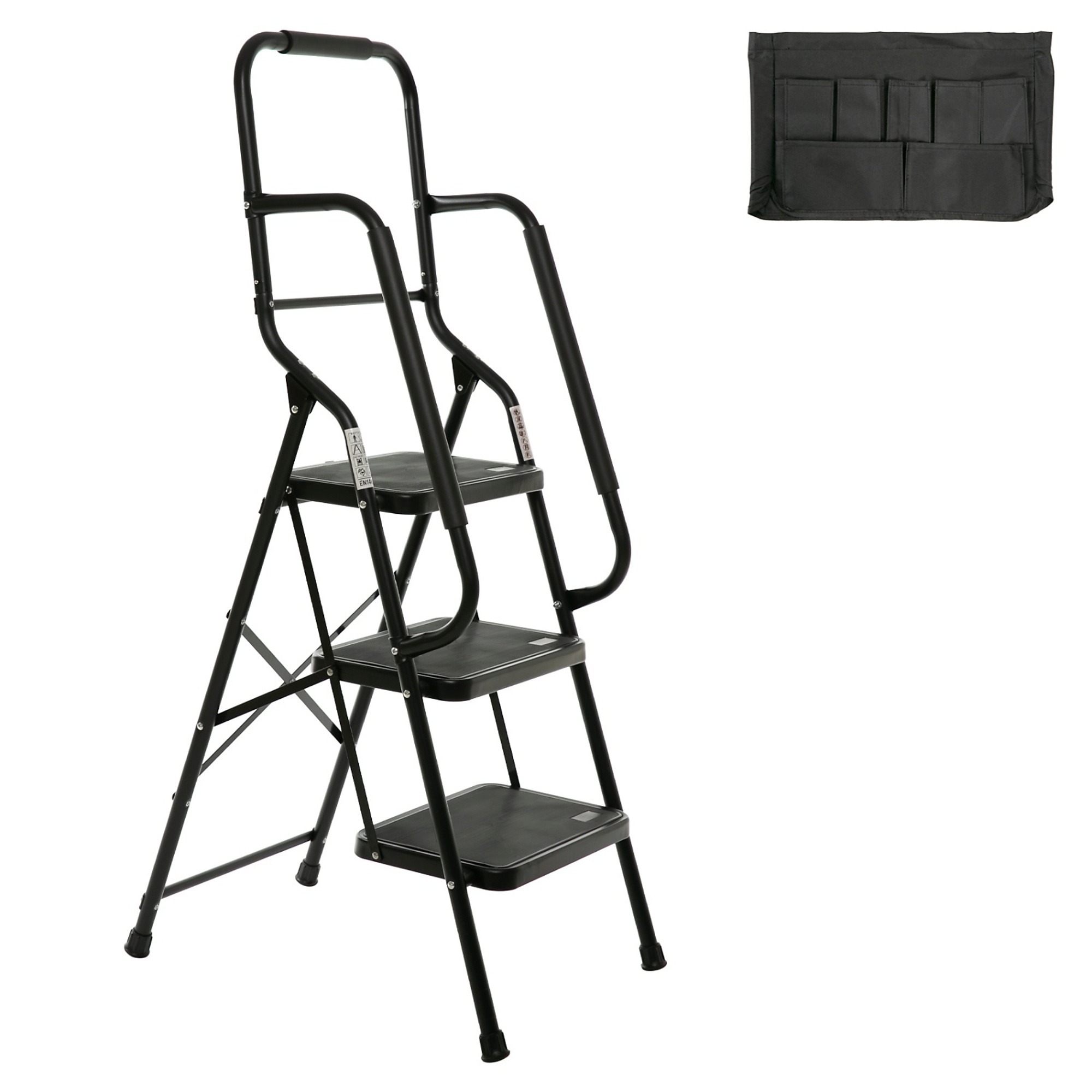 BlackTeck 3-Step Steel Step Ladder — 7ft. Reach, 500-Lb. Capacity, Safety Handrails, Removable Tool Bag, Anti-Slip Steps, Model# N2-422491
