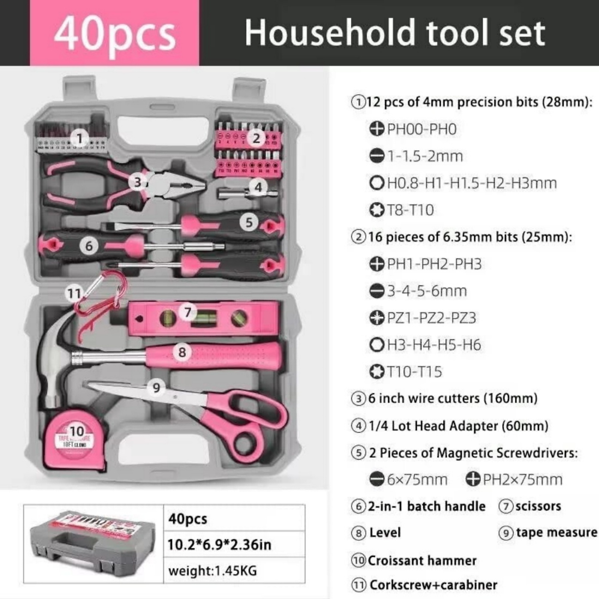 Bleek Tools BlackTeck Household Tool Set — 40 Pcs, Pink, Reversible Bit Driver ...