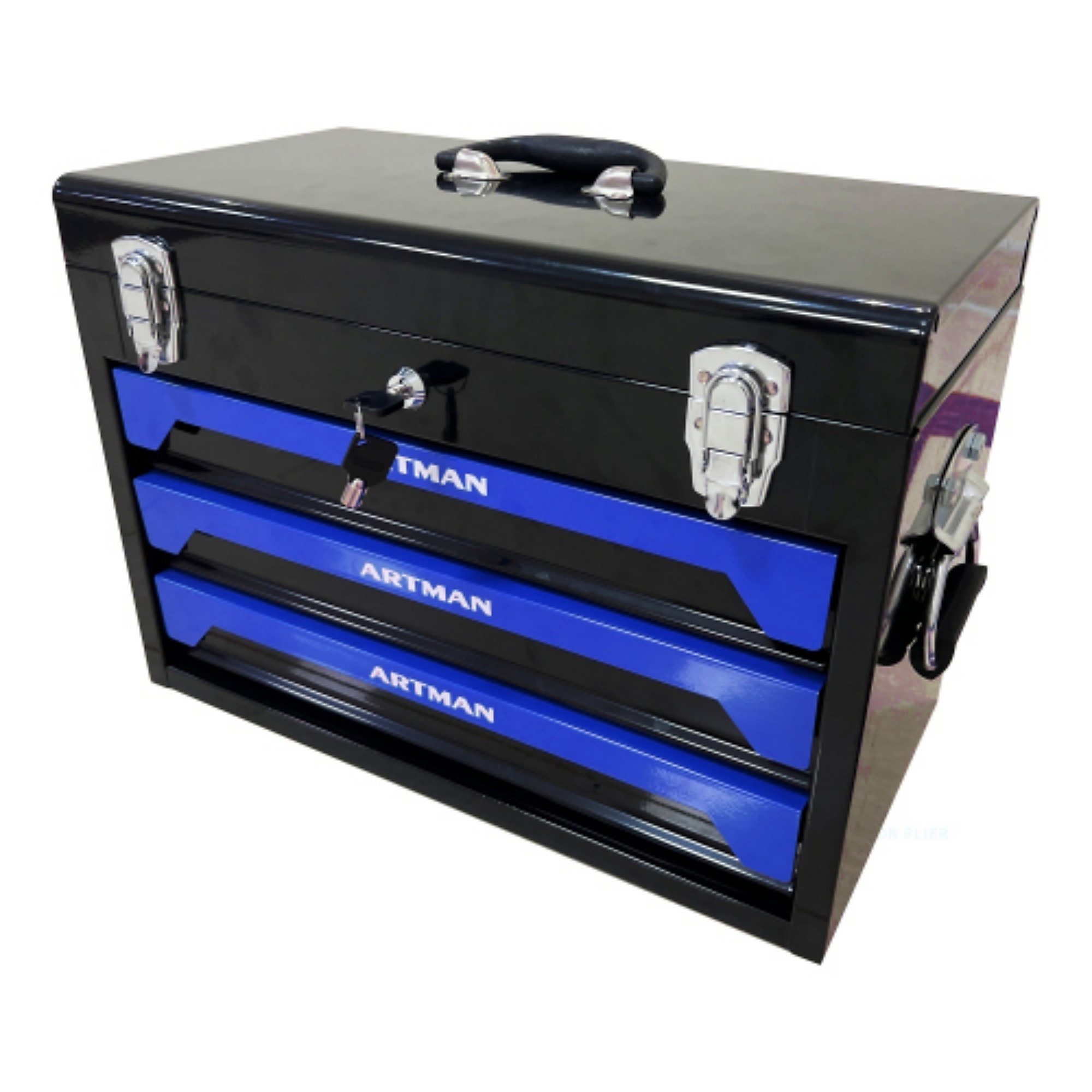 BlackTeck Portable 3-Drawer Steel Tool Box — 20in., Black and Blue, Metal Latches, Model# N2-111196