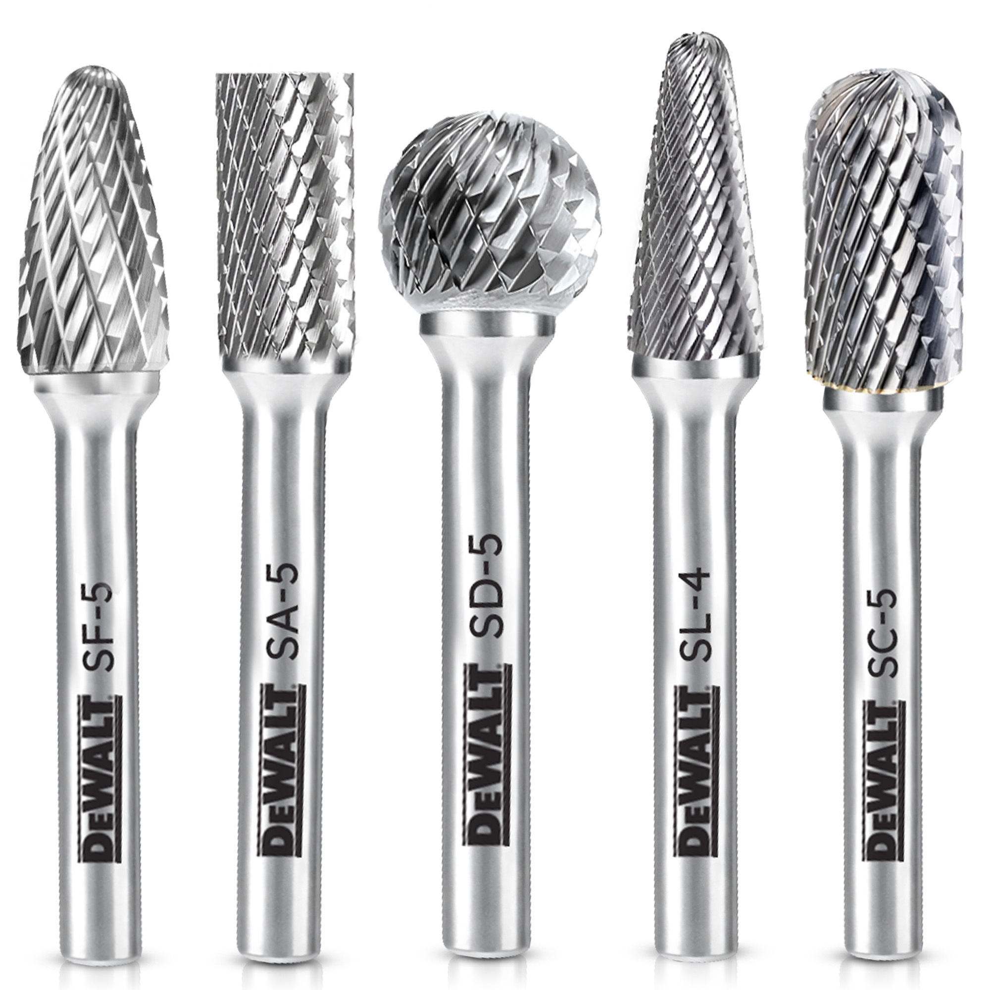 DeWalt Carbide Burrs — 5-Pack, Size 5, Double-Cut Teeth, Tungsten Carbide Steel, Model# DXCBTJ5-5