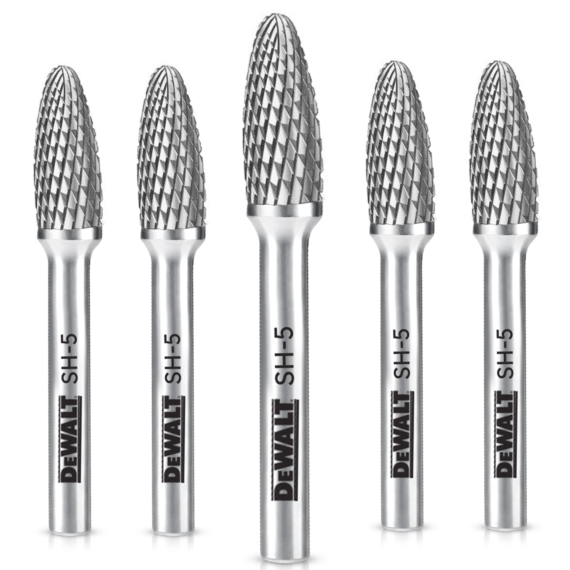 DeWalt Carbide Burrs — 5-Pack, SH-5 Size, Double-Cut Teeth, C10 Tungsten Carbide Steel, Model# DXCBTJSH5-5