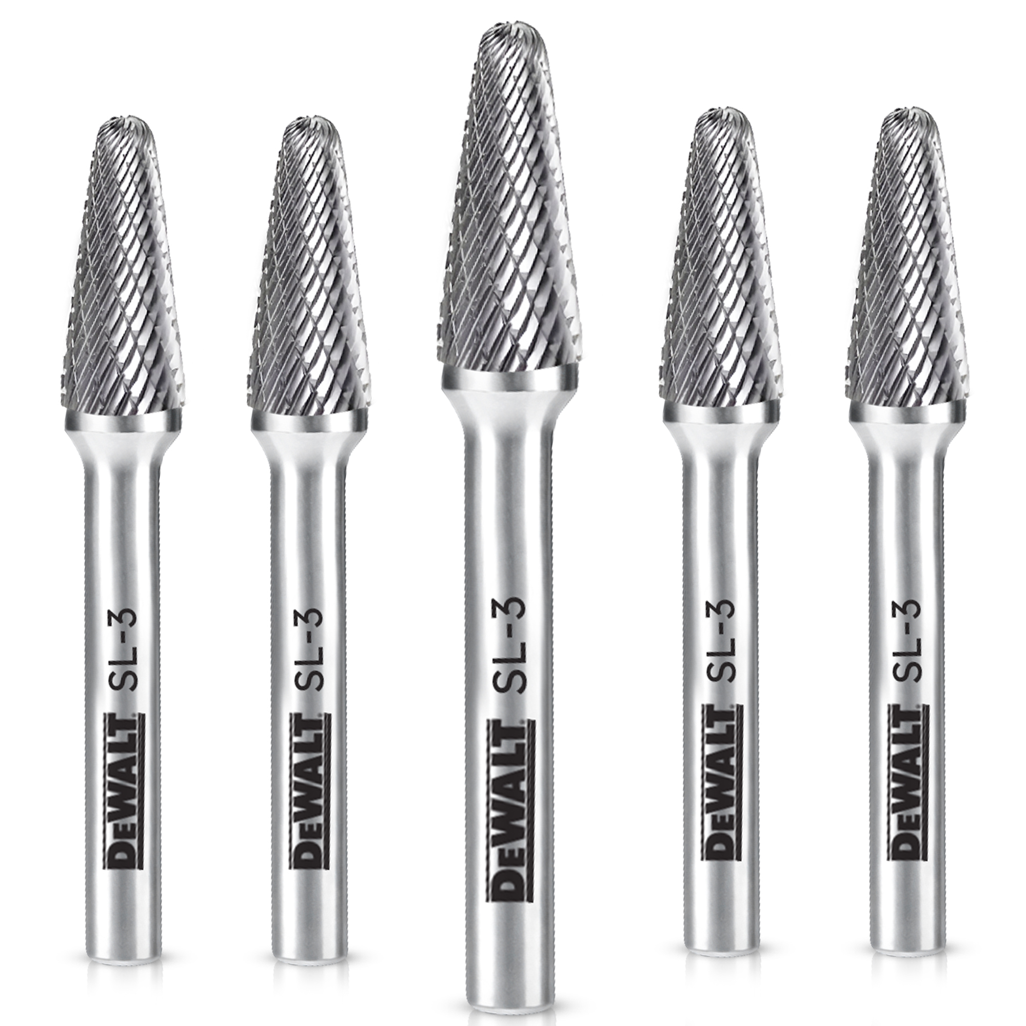 DeWalt Carbide Burr Set — 5-Piece, SL-3 Size, Double-Cut Teeth, Tungsten Carbide Steel, Model# DXCBTJSL3-5