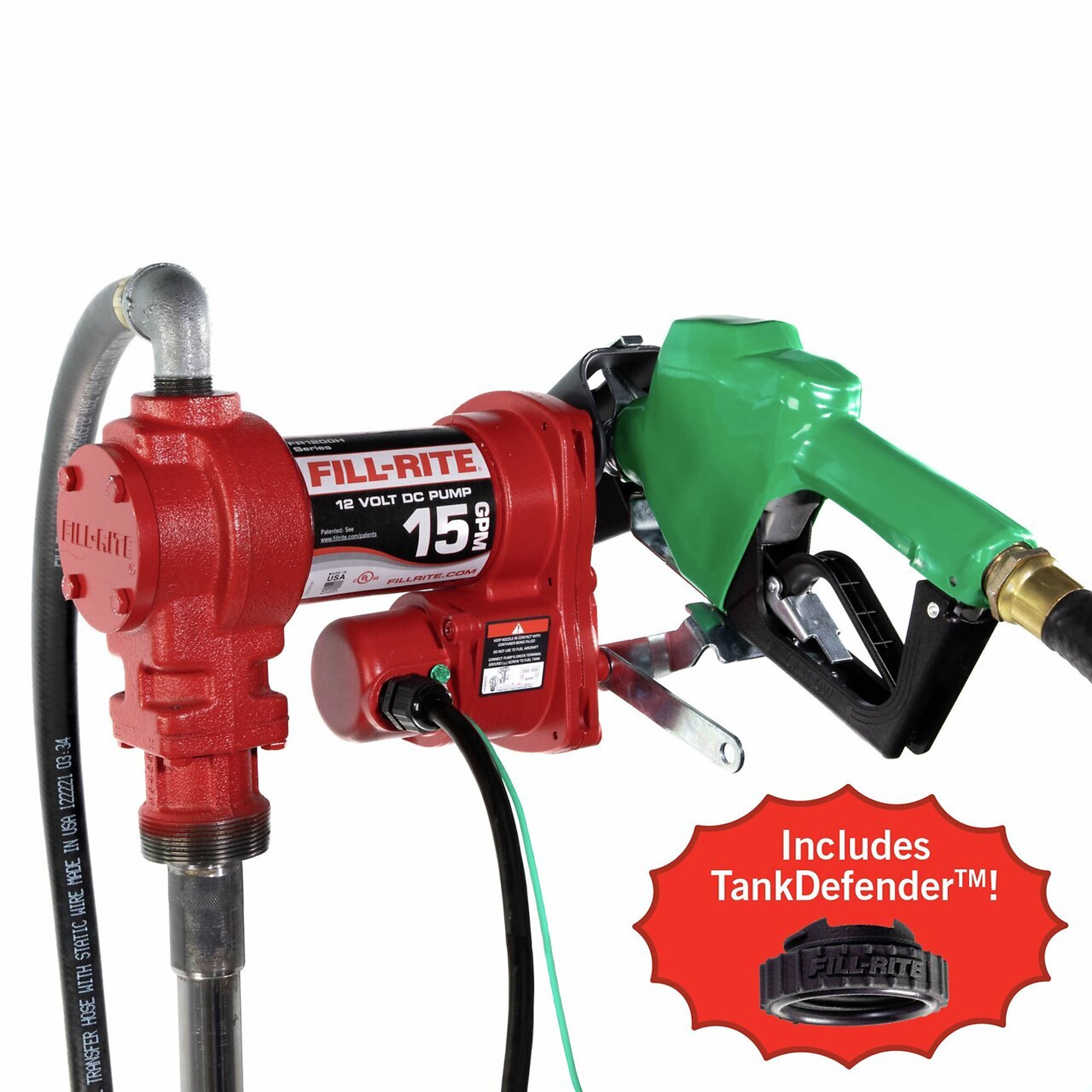 Fill-Rite 12V DC Fuel Transfer Pump with Diesel Nozzle and TankDefender — 15 GPM, Model# FR1210HA1TKD