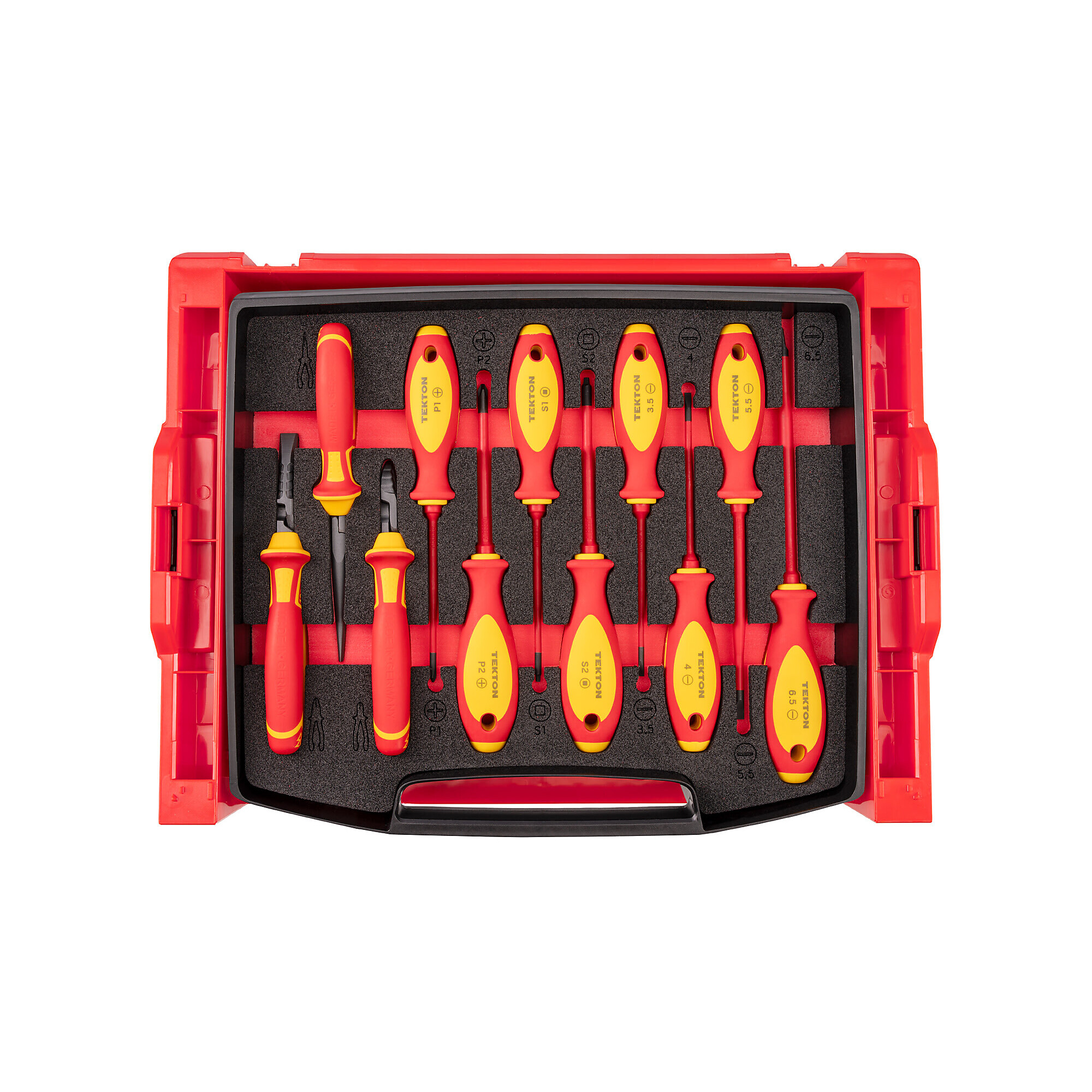 TEKTON Insulated Phillips, Slotted, Square Drivers and Pliers Set with Open Top Drawer and Rack, 11-Piece (Combination, Long Nose, Diagonal Cutting) | OLB94901