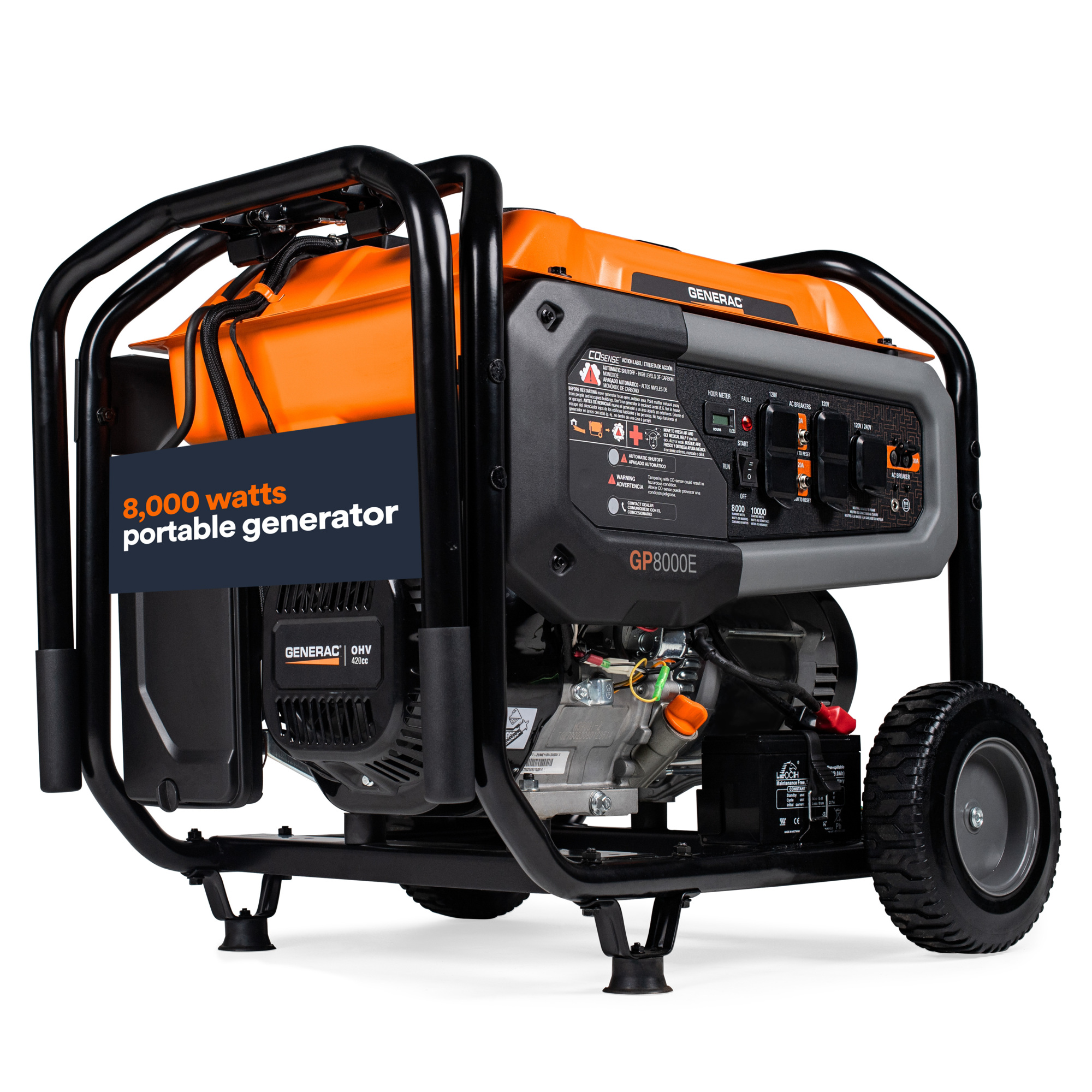 Generac 8929 GP8000E 10000 / 8000 Watt Electric Start Portable Generator w/ COSense, Wheel and Handle Kit Included, 50ST