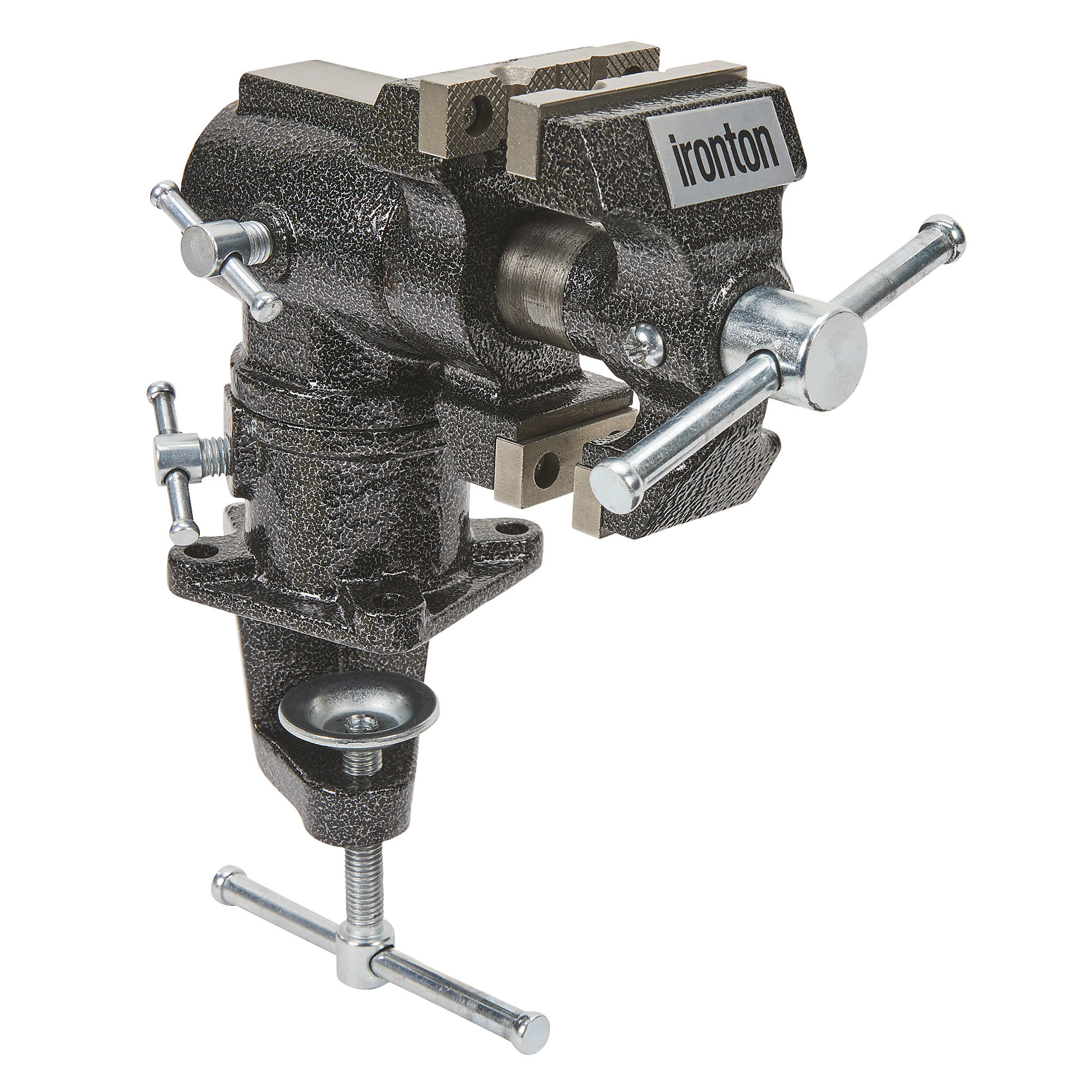 Ironton 2-1/2in. Swivel Table Vise, Dual-Surface Jaws, Clamp-On Mounting, Cast Iron